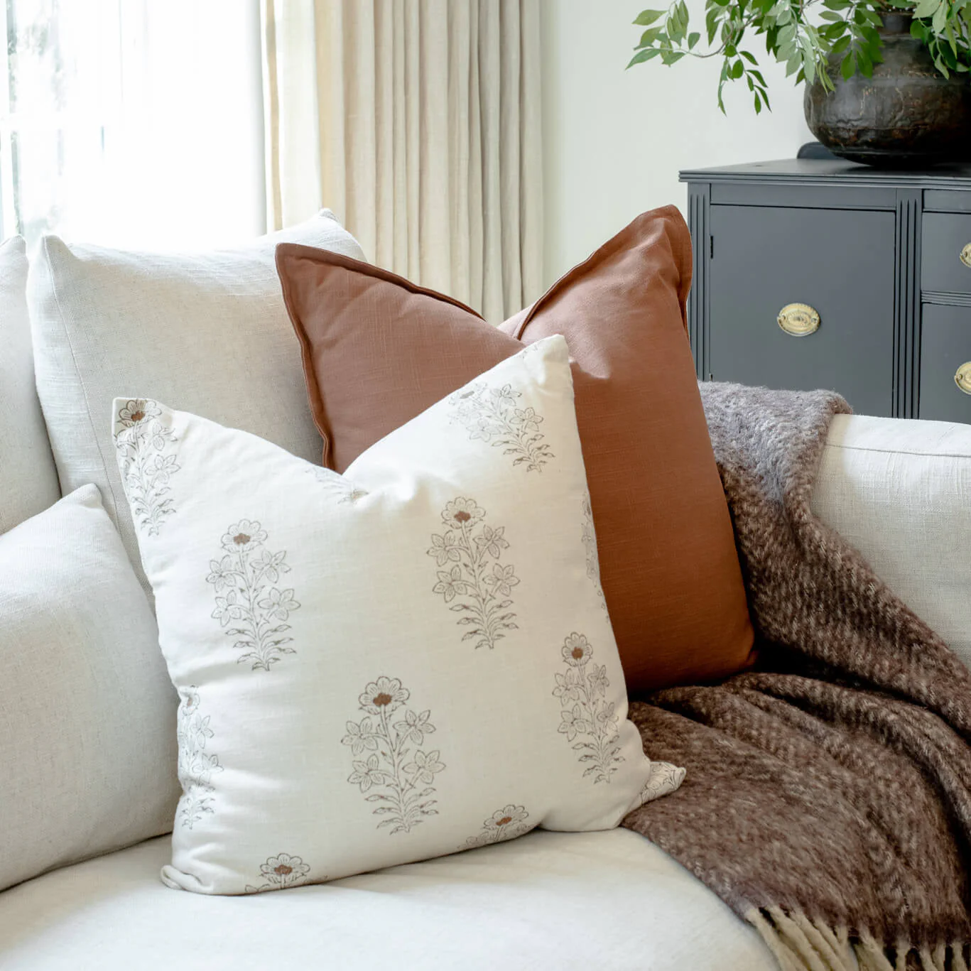Ella Floral Block Printed Pillow Cover | Light Brown + Terracotta Detail - Image 9