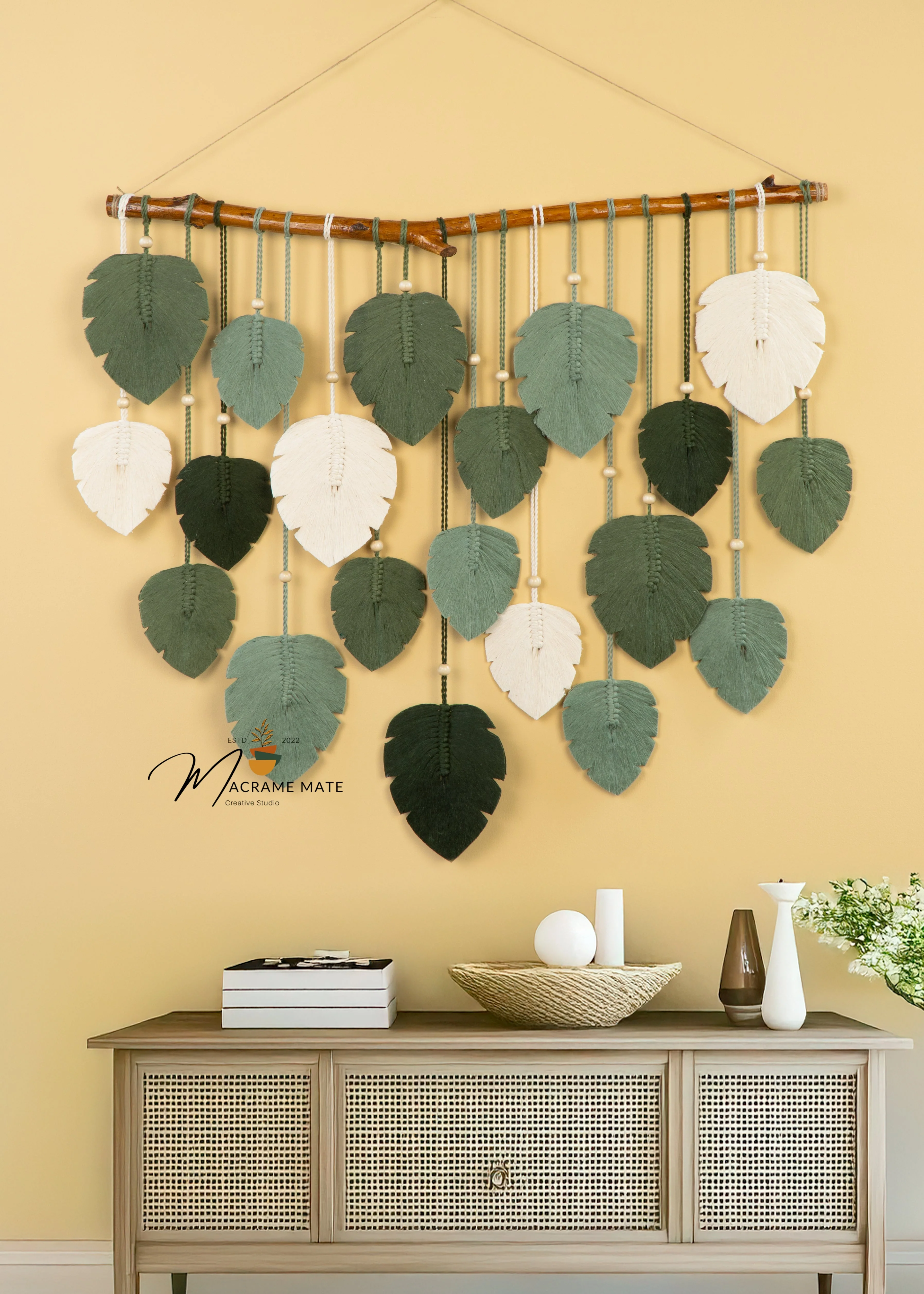 Elodie Forest Green Macrame Leaf Wall Decor - Image 9