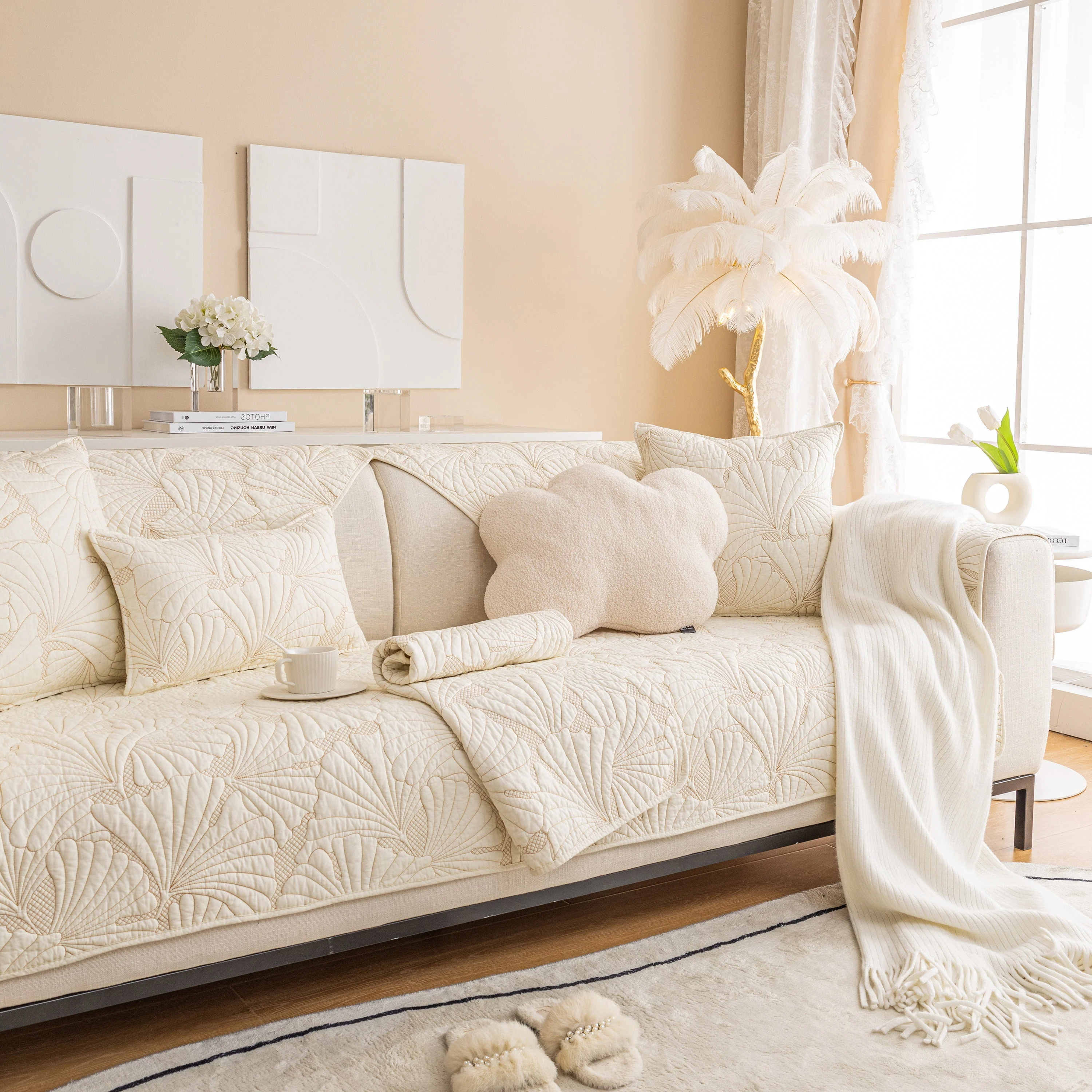 Embossed Leaf Cotton Quilted Sofa Cover Non-Slip Couch Protector with Thick Padding - Image 13