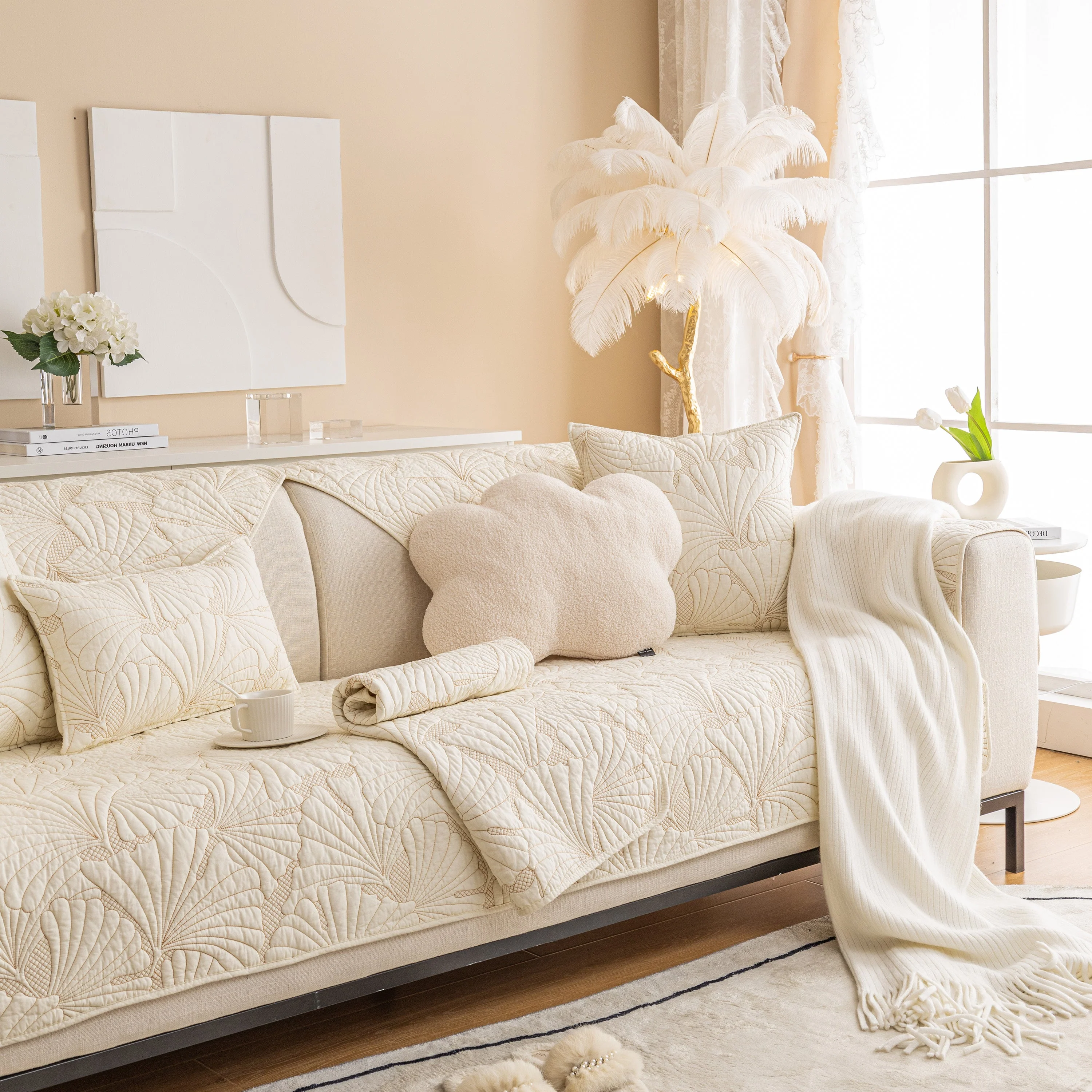 Embossed Leaf Cotton Quilted Sofa Cover Non-Slip Couch Protector with Thick Padding - Image 14