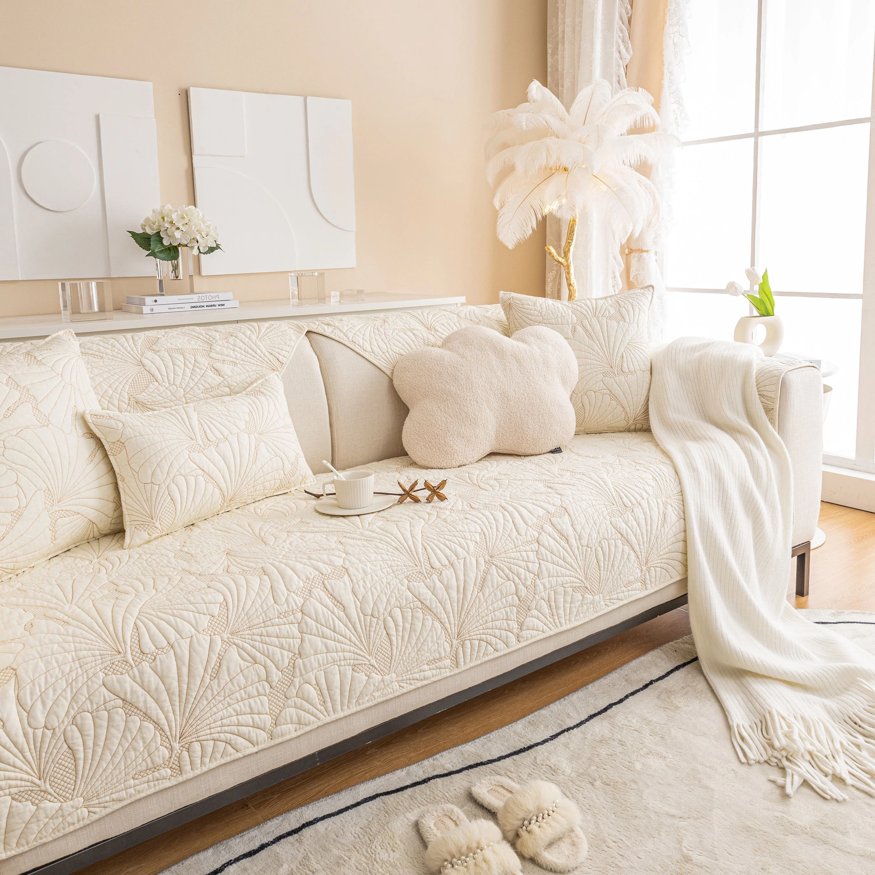 Embossed Leaf Cotton Quilted Sofa Cover Non-Slip Couch Protector with Thick Padding - Image 15