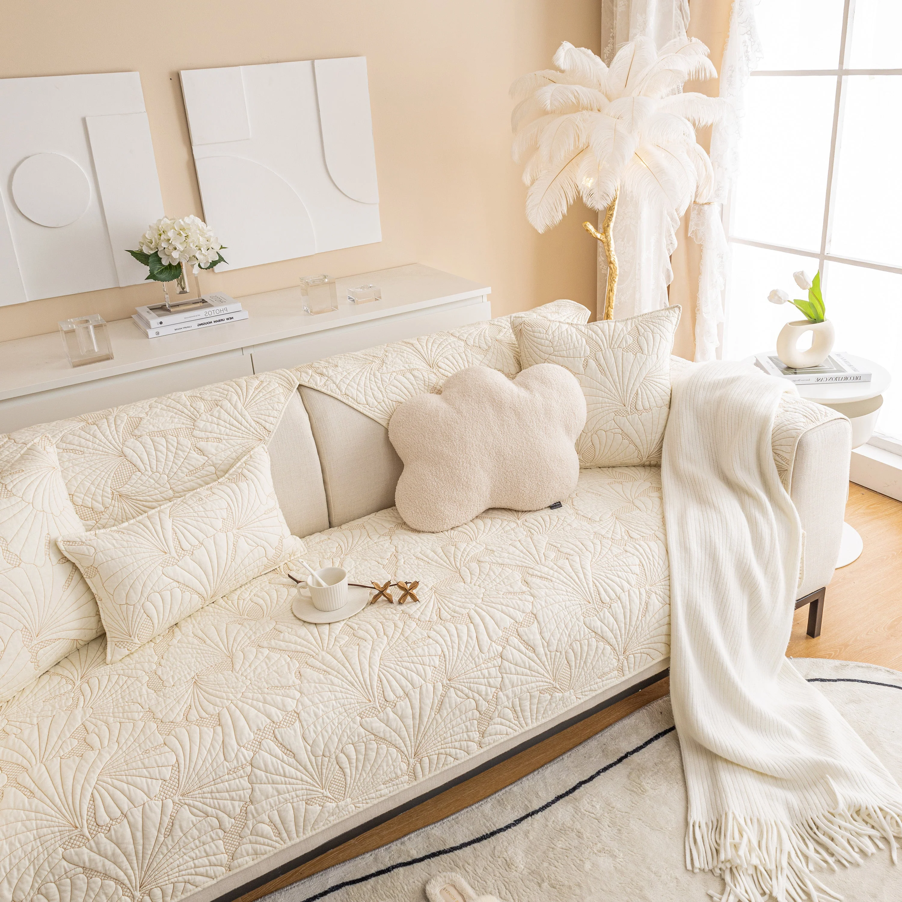 Embossed Leaf Cotton Quilted Sofa Cover Non-Slip Couch Protector with Thick Padding - Image 16