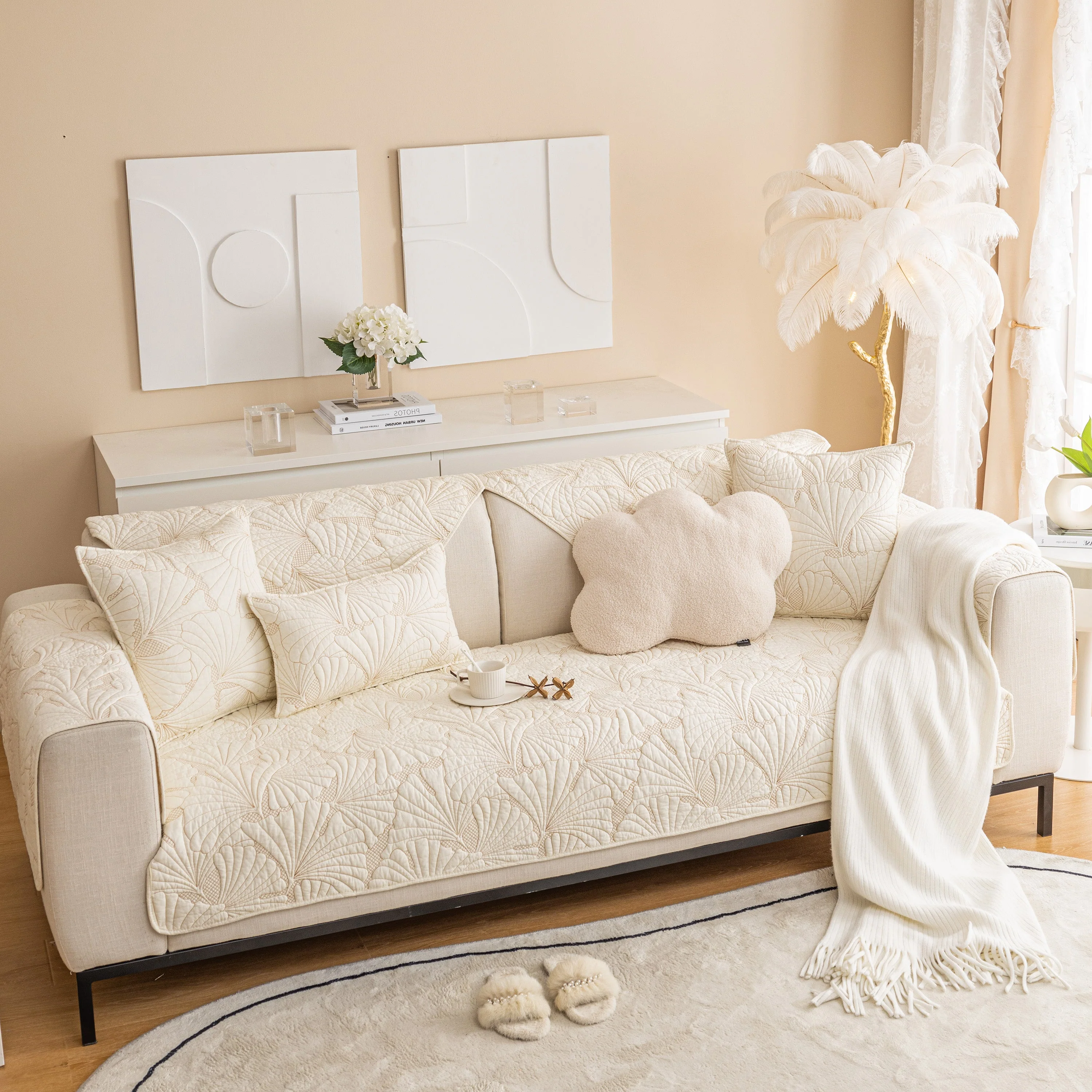 Embossed Leaf Cotton Quilted Sofa Cover Non-Slip Couch Protector with Thick Padding - Image 17