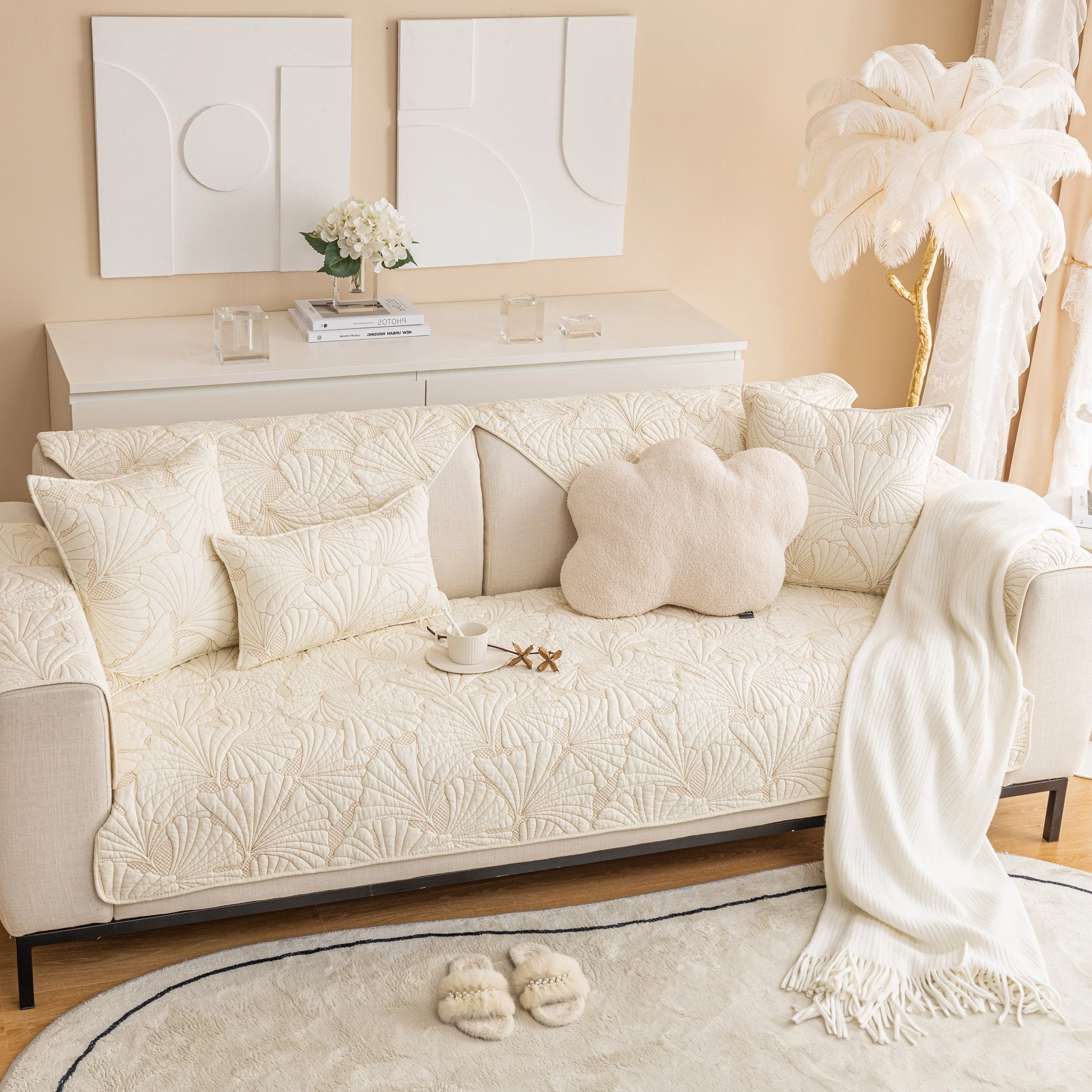 Embossed Leaf Cotton Quilted Sofa Cover Non-Slip Couch Protector with Thick Padding - Image 18