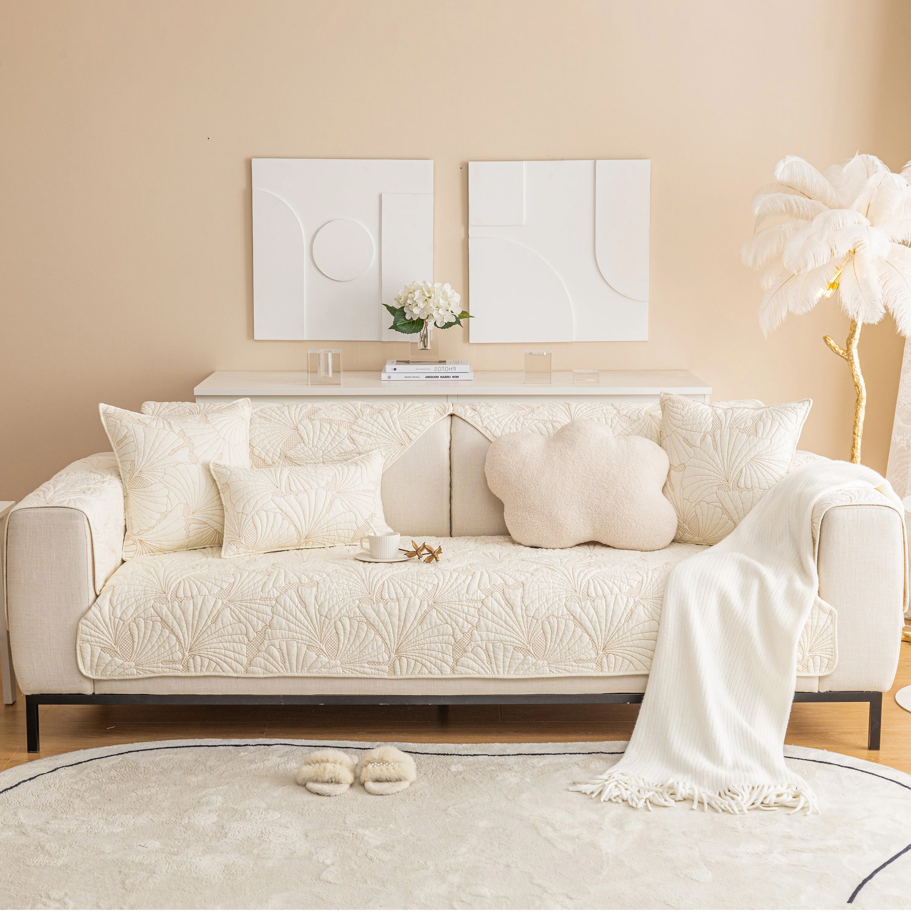 Embossed Leaf Cotton Quilted Sofa Cover Non-Slip Couch Protector with Thick Padding - Image 2