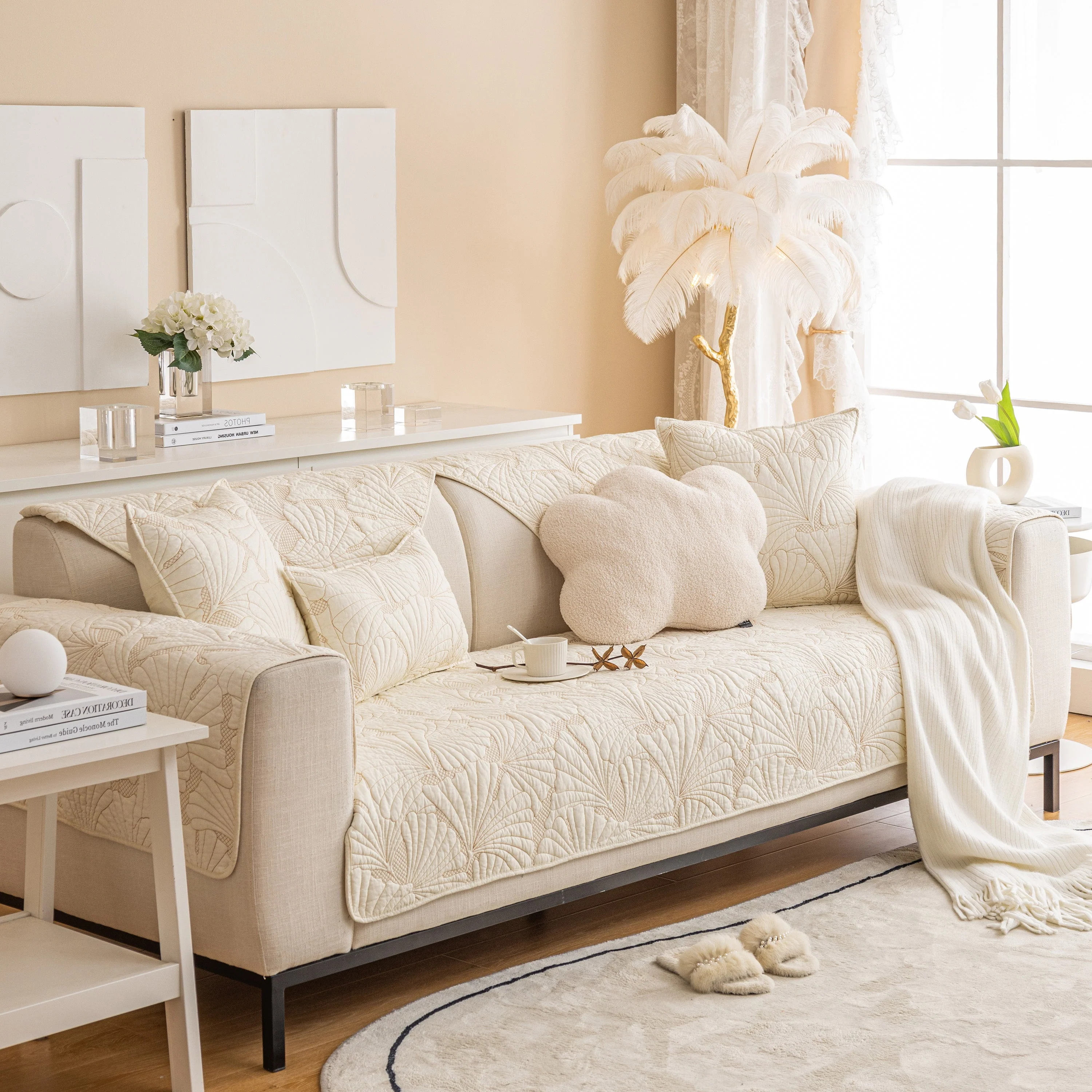Embossed Leaf Cotton Quilted Sofa Cover Non-Slip Couch Protector with Thick Padding - Image 20