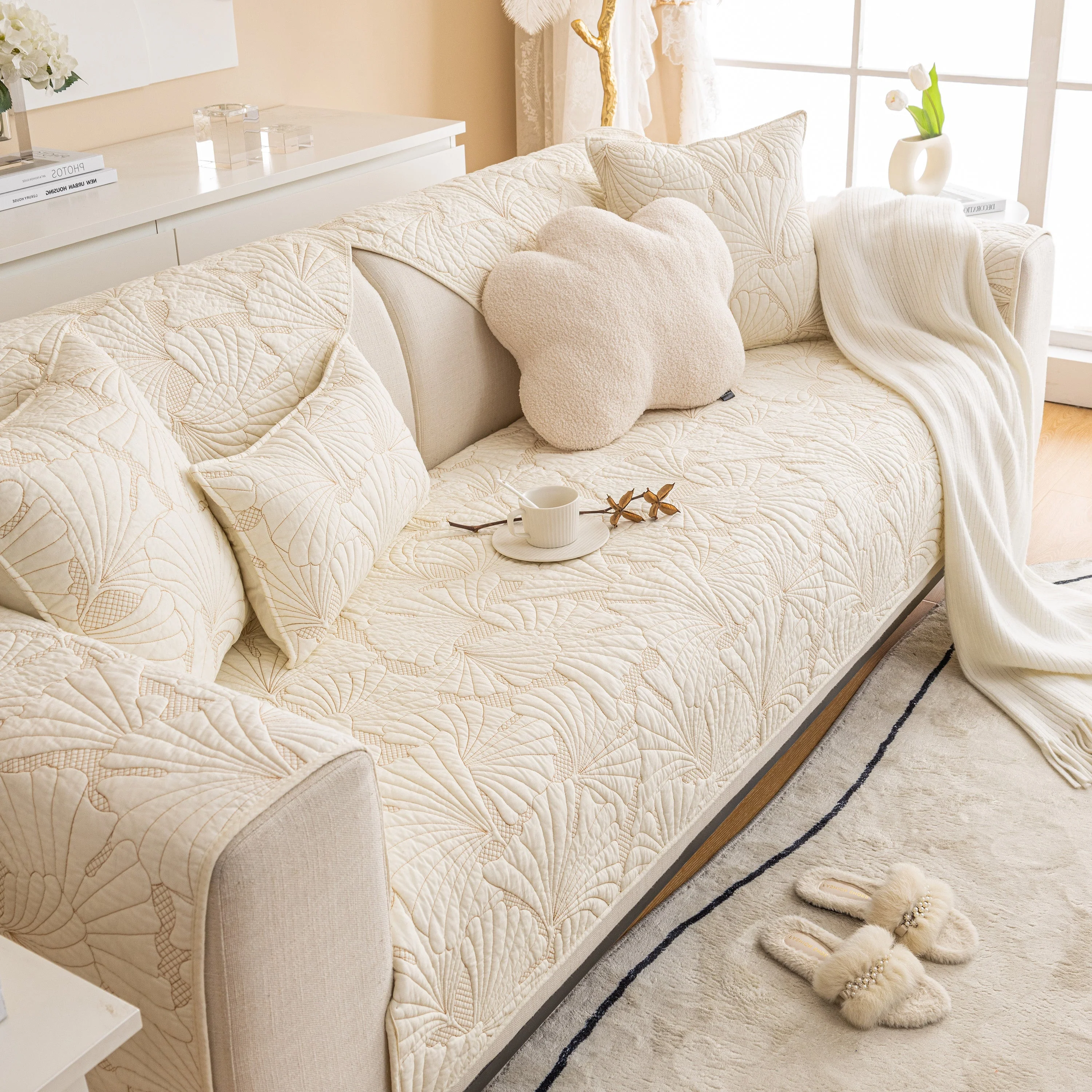 Embossed Leaf Cotton Quilted Sofa Cover Non-Slip Couch Protector with Thick Padding - Image 21