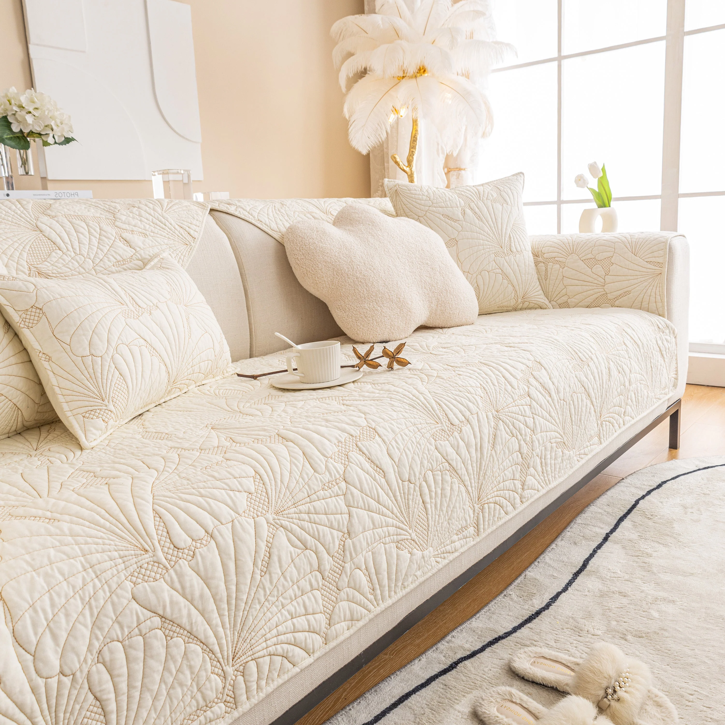 Embossed Leaf Cotton Quilted Sofa Cover Non-Slip Couch Protector with Thick Padding - Image 22
