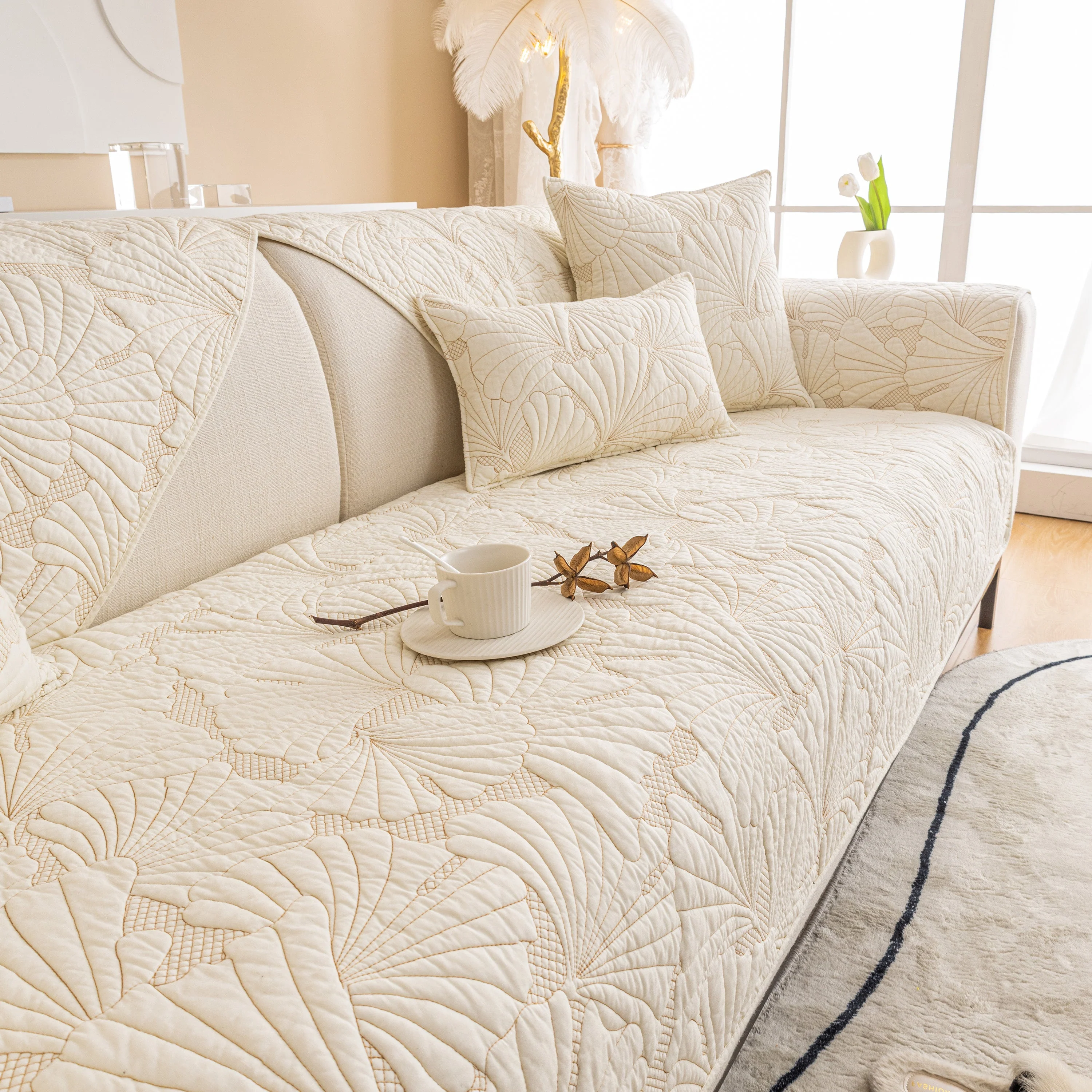 Embossed Leaf Cotton Quilted Sofa Cover Non-Slip Couch Protector with Thick Padding - Image 24