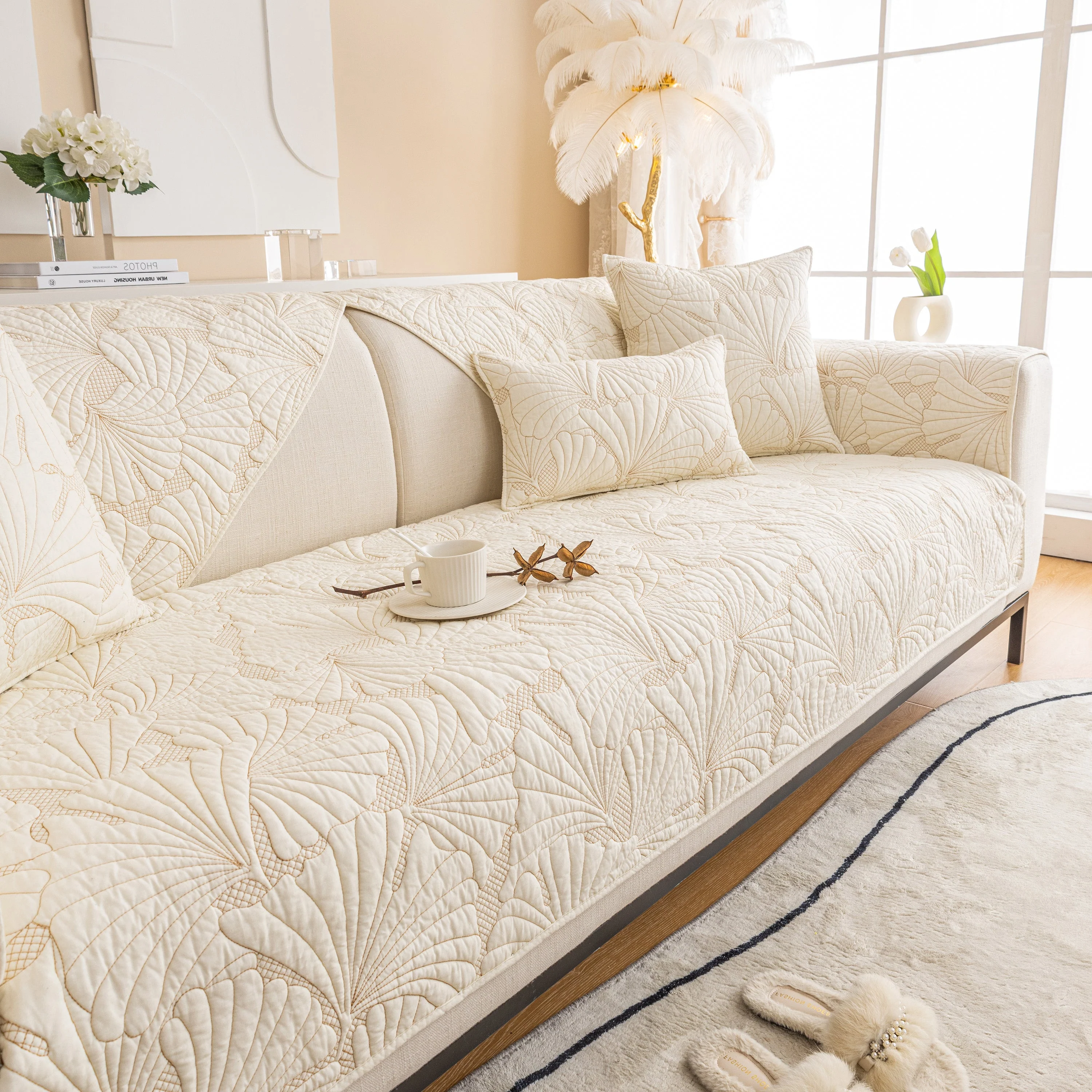 Embossed Leaf Cotton Quilted Sofa Cover Non-Slip Couch Protector with Thick Padding - Image 25