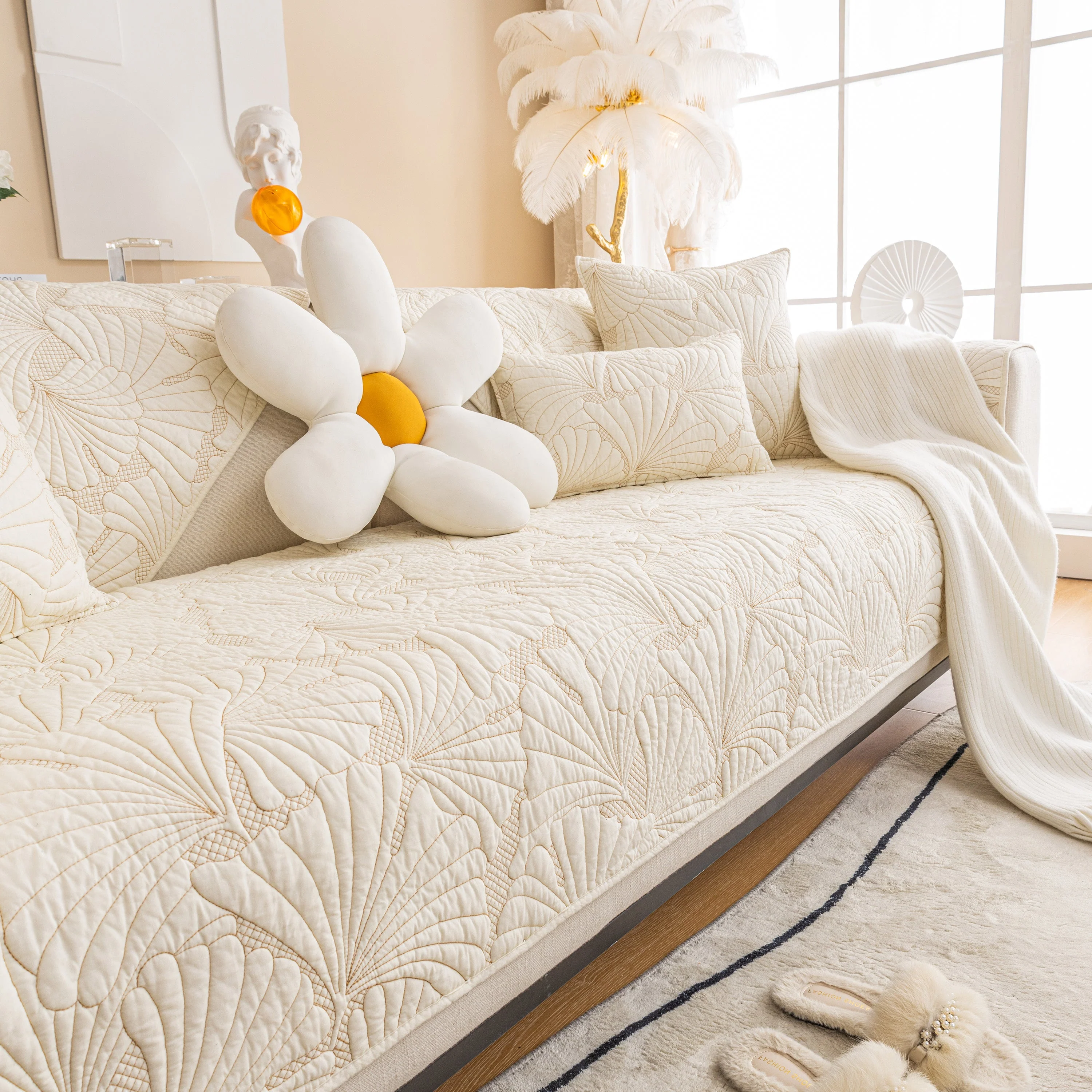 Embossed Leaf Cotton Quilted Sofa Cover Non-Slip Couch Protector with Thick Padding - Image 26