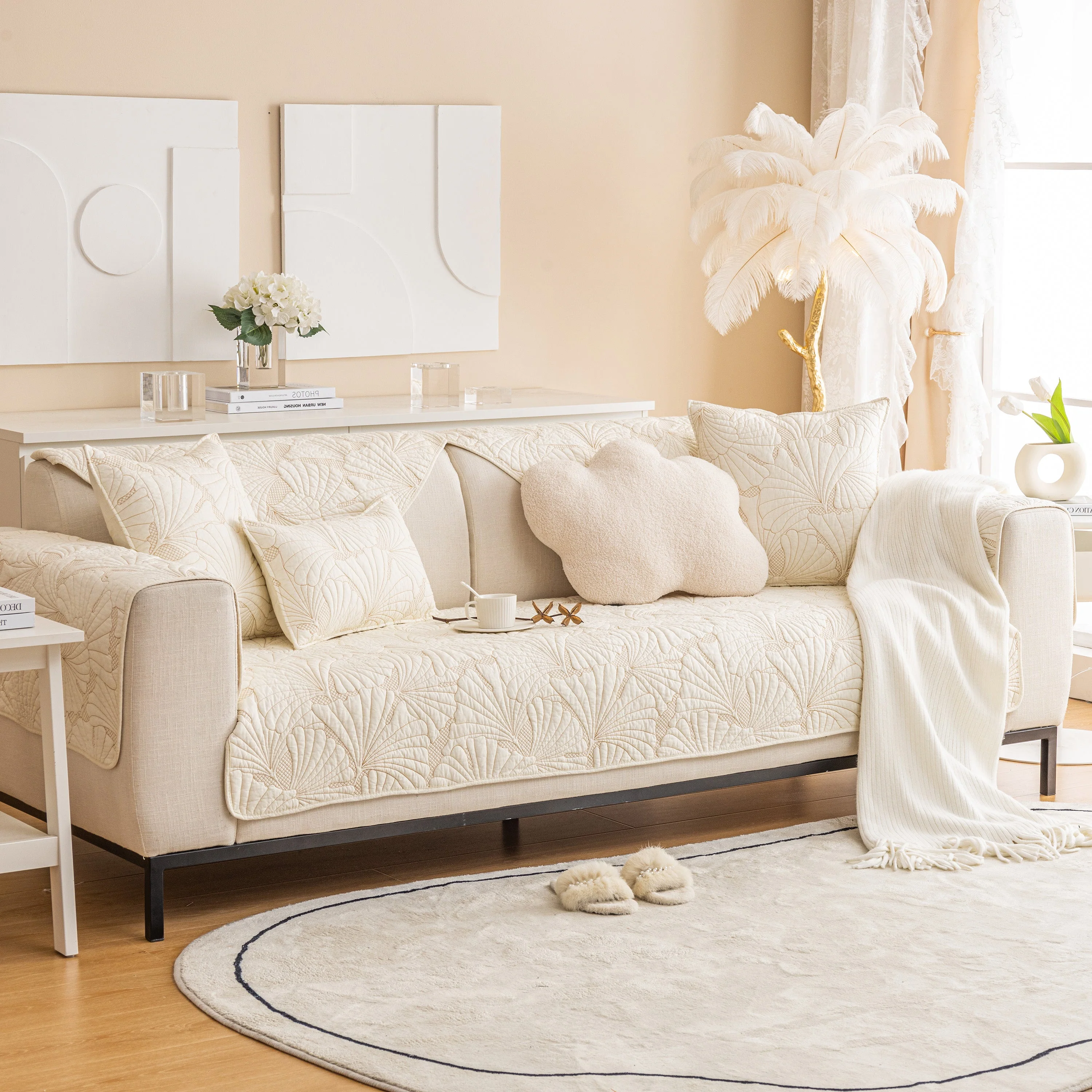 Embossed Leaf Cotton Quilted Sofa Cover Non-Slip Couch Protector with Thick Padding - Image 27