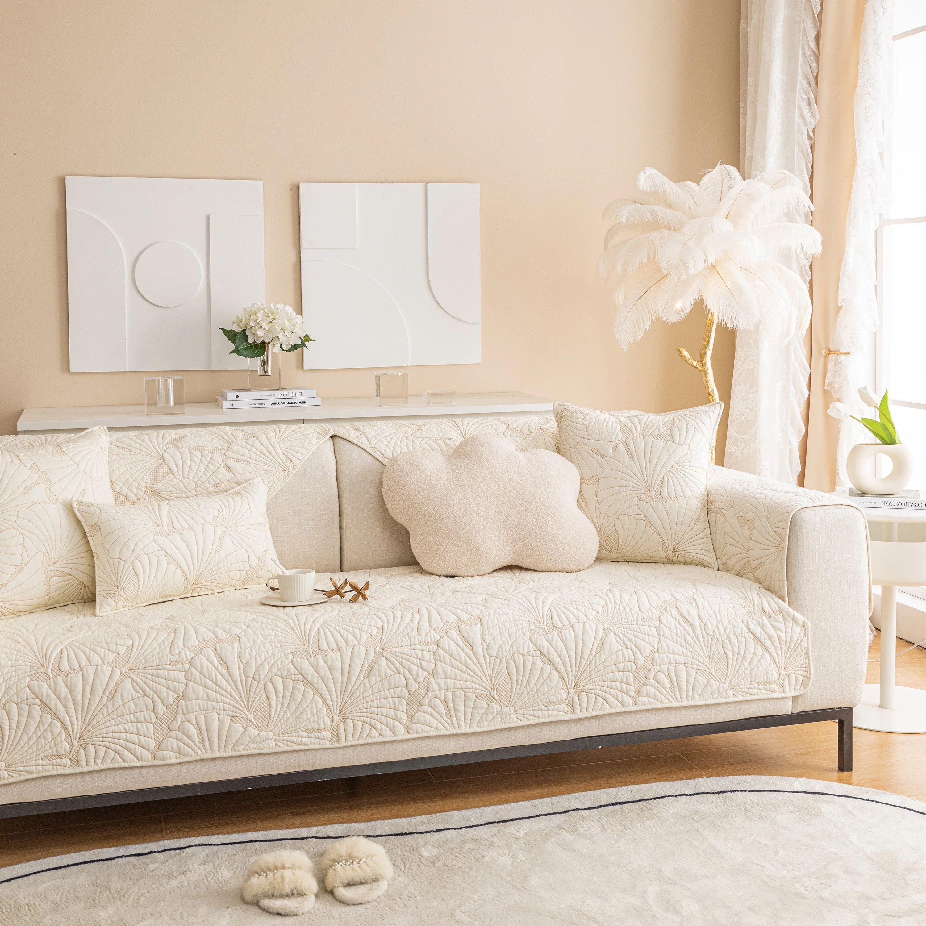 Embossed Leaf Cotton Quilted Sofa Cover Non-Slip Couch Protector with Thick Padding - Image 28