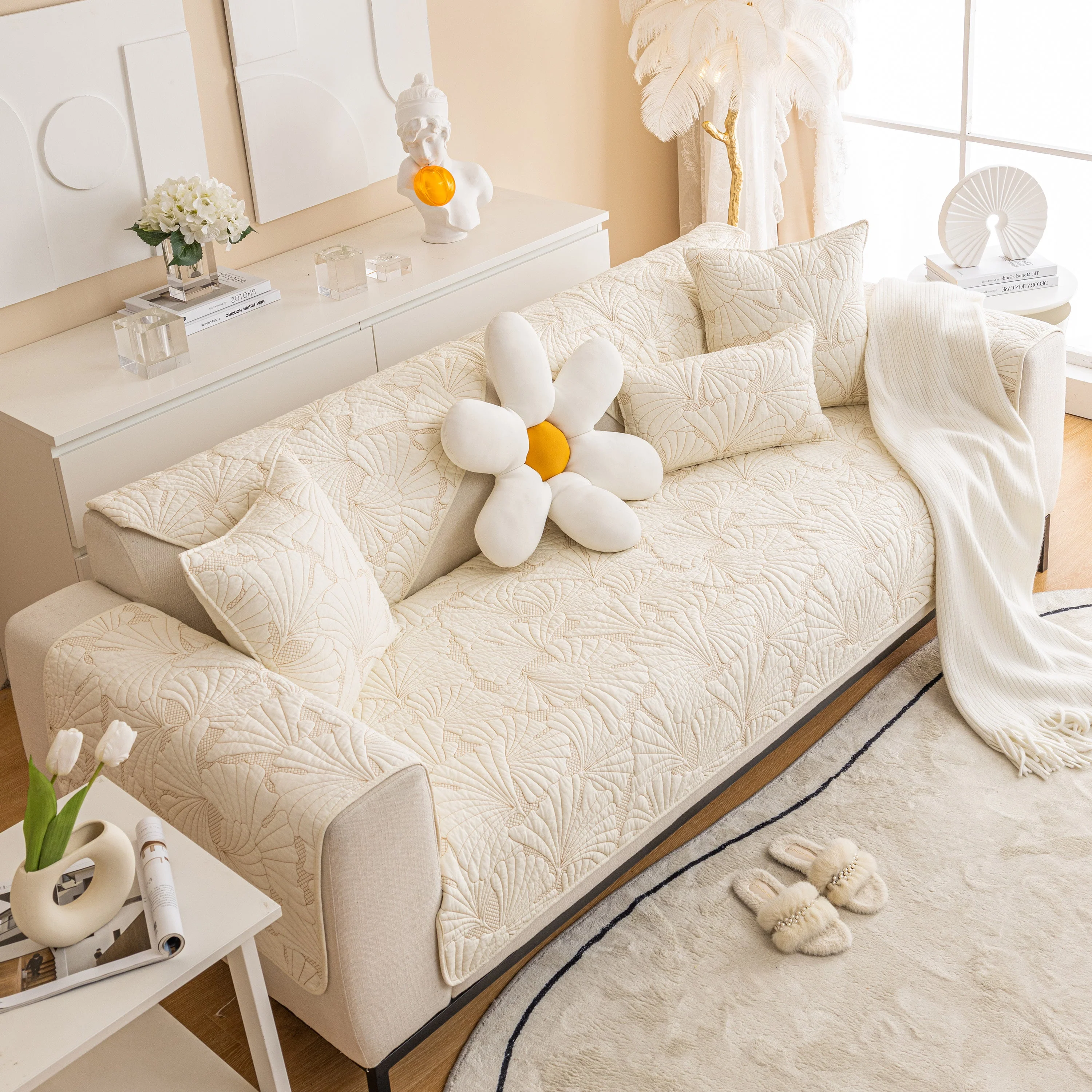 Embossed Leaf Cotton Quilted Sofa Cover Non-Slip Couch Protector with Thick Padding - Image 29