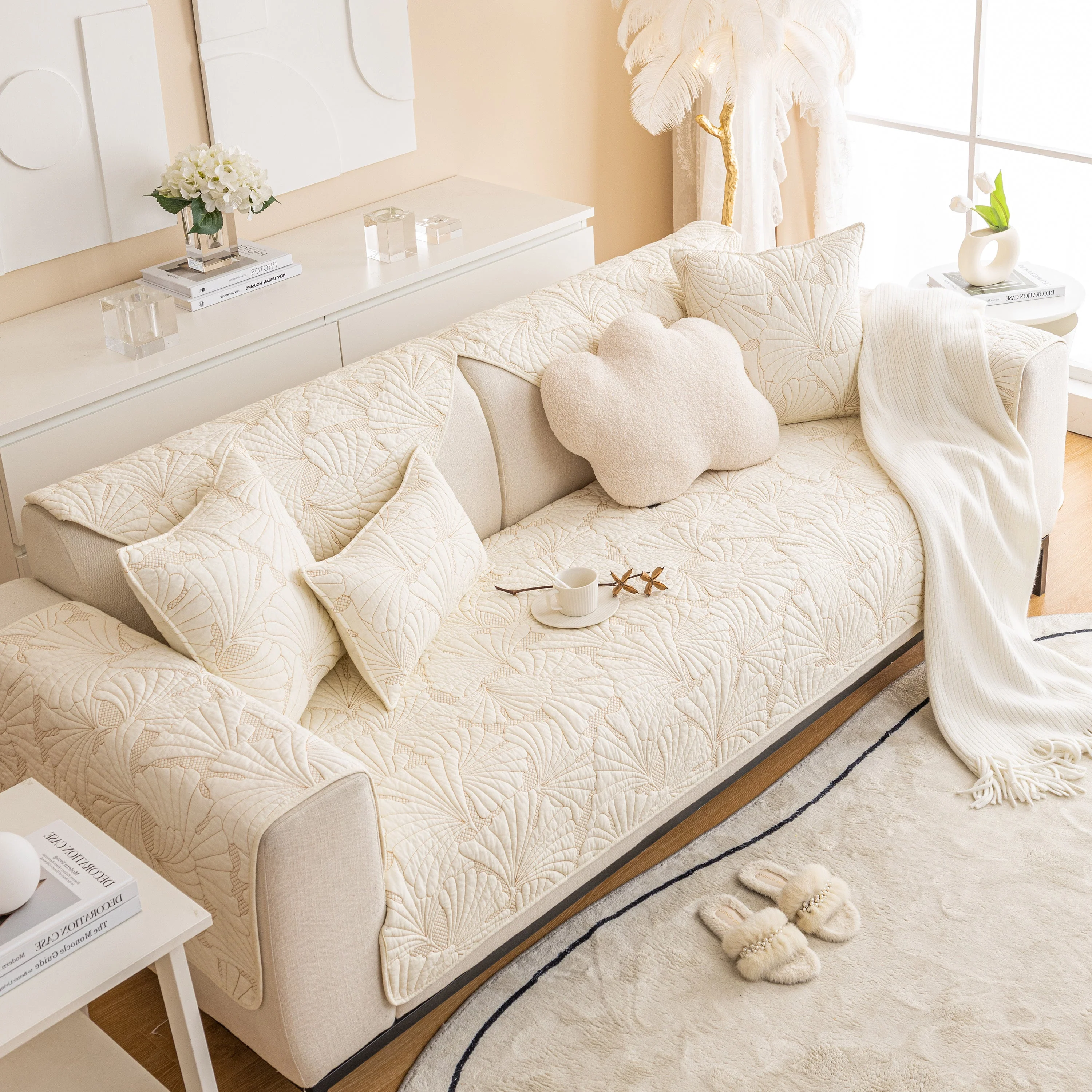 Embossed Leaf Cotton Quilted Sofa Cover Non-Slip Couch Protector with Thick Padding - Image 3