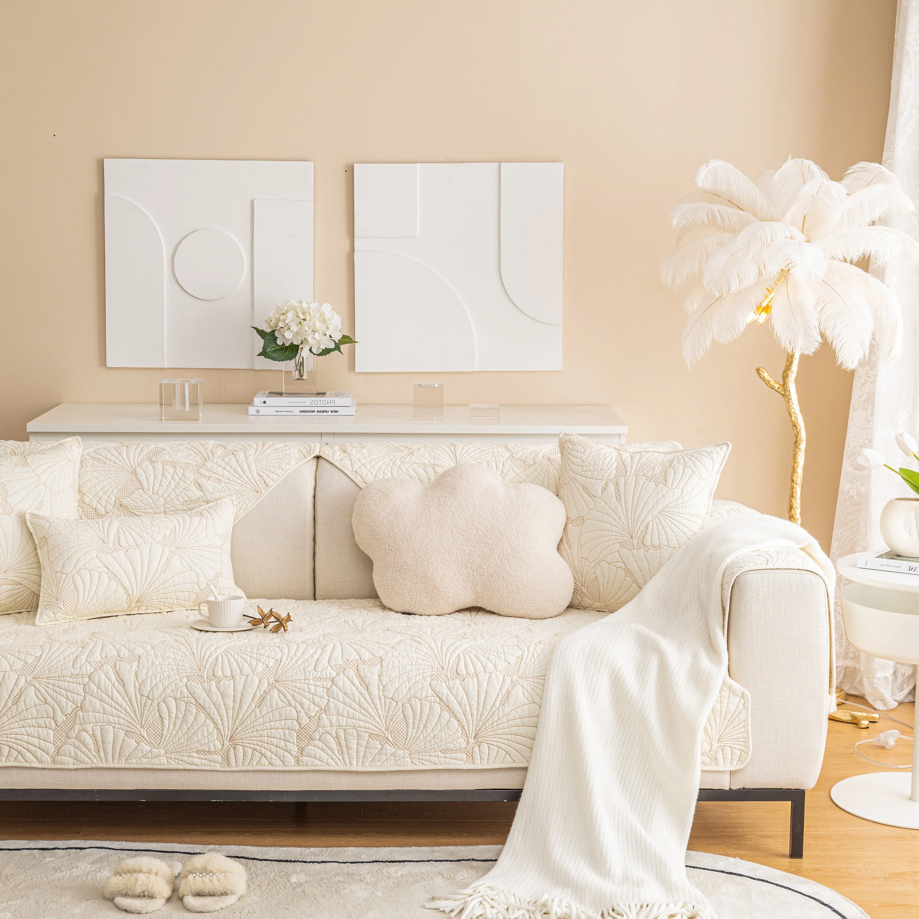 Embossed Leaf Cotton Quilted Sofa Cover Non-Slip Couch Protector with Thick Padding - Image 30
