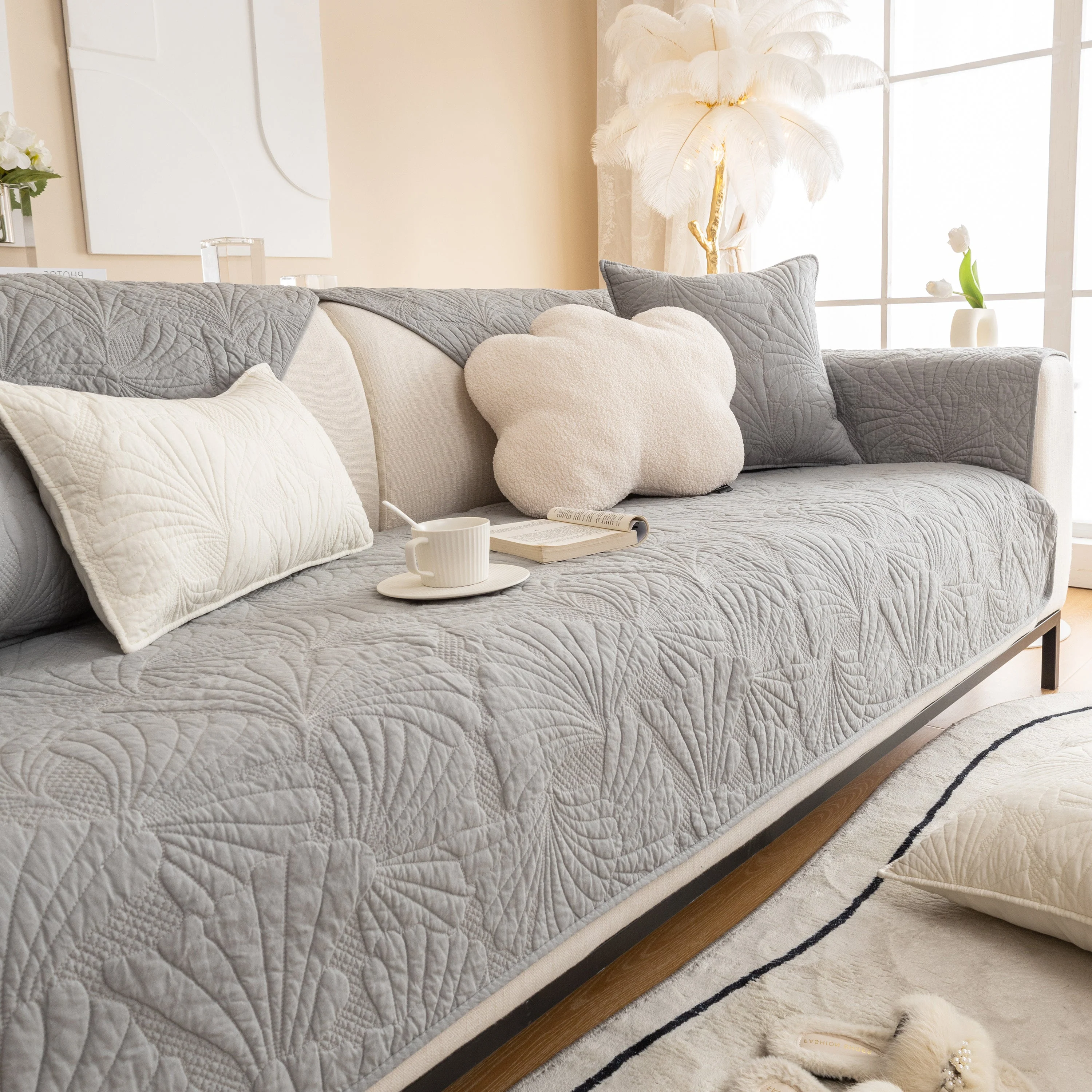 Embossed Leaf Cotton Quilted Sofa Cover Non-Slip Couch Protector with Thick Padding - Image 31