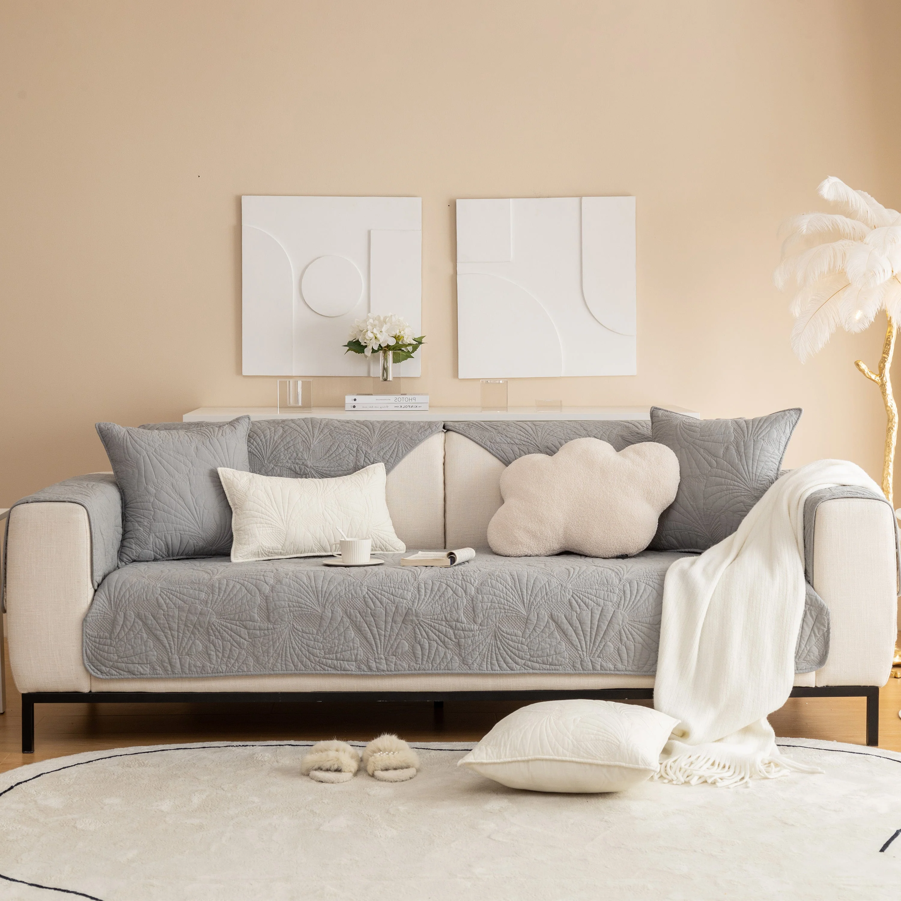 Embossed Leaf Cotton Quilted Sofa Cover Non-Slip Couch Protector with Thick Padding - Image 32