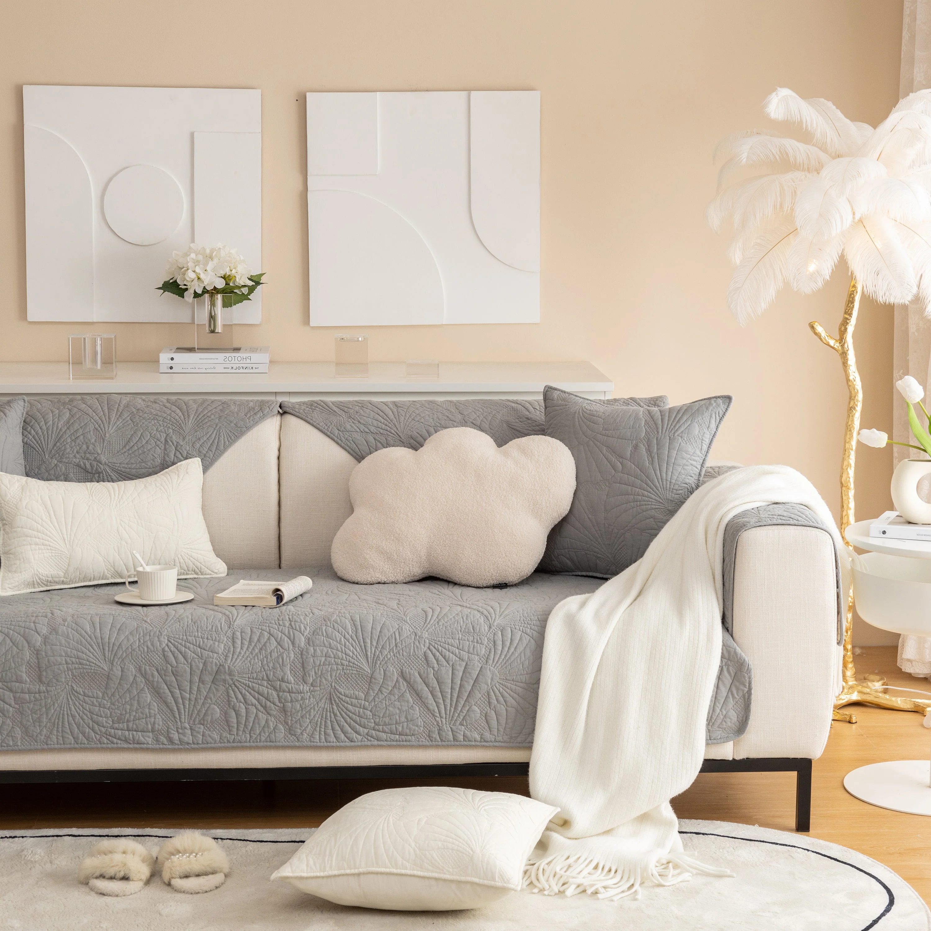 Embossed Leaf Cotton Quilted Sofa Cover Non-Slip Couch Protector with Thick Padding - Image 33