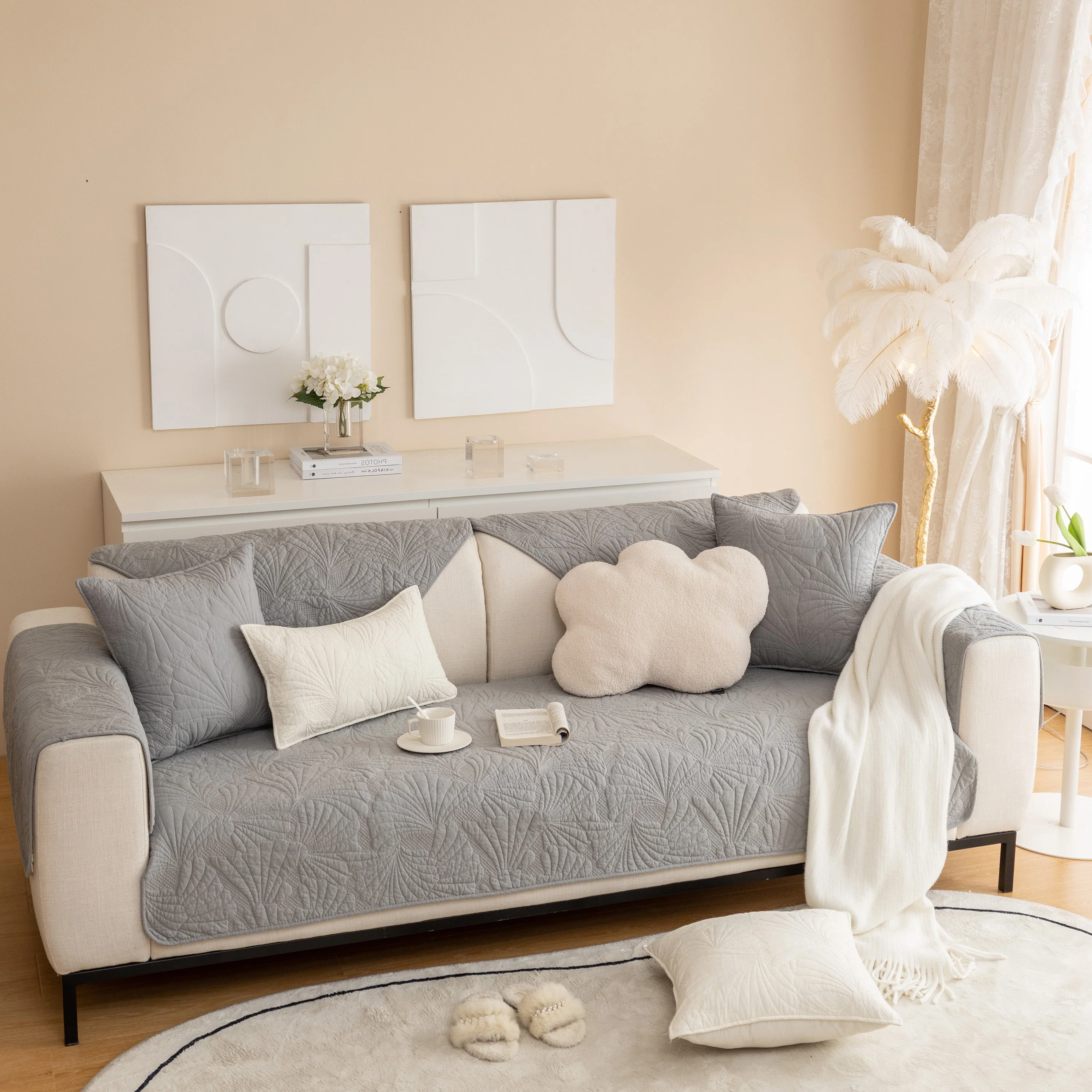 Embossed Leaf Cotton Quilted Sofa Cover Non-Slip Couch Protector with Thick Padding - Image 34