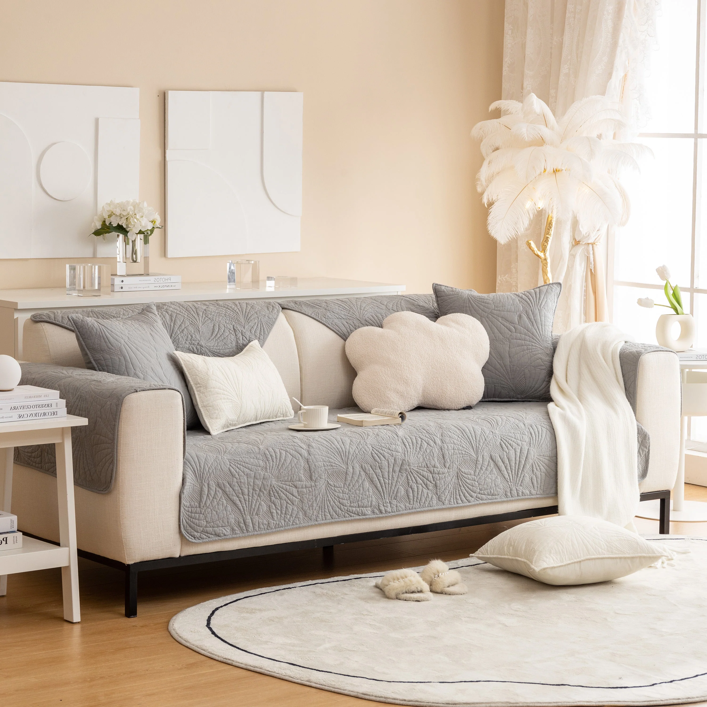 Embossed Leaf Cotton Quilted Sofa Cover Non-Slip Couch Protector with Thick Padding - Image 35