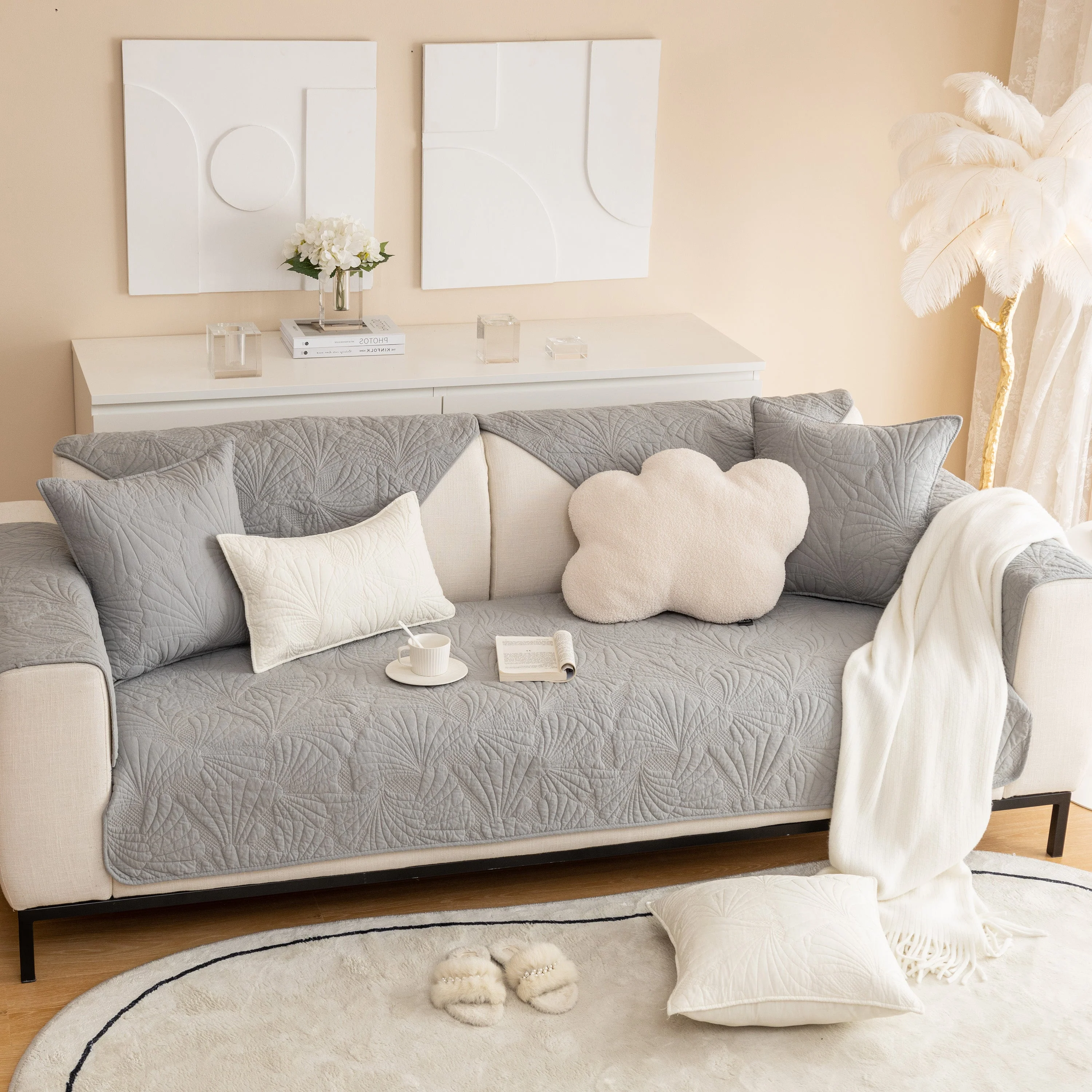 Embossed Leaf Cotton Quilted Sofa Cover Non-Slip Couch Protector with Thick Padding - Image 36