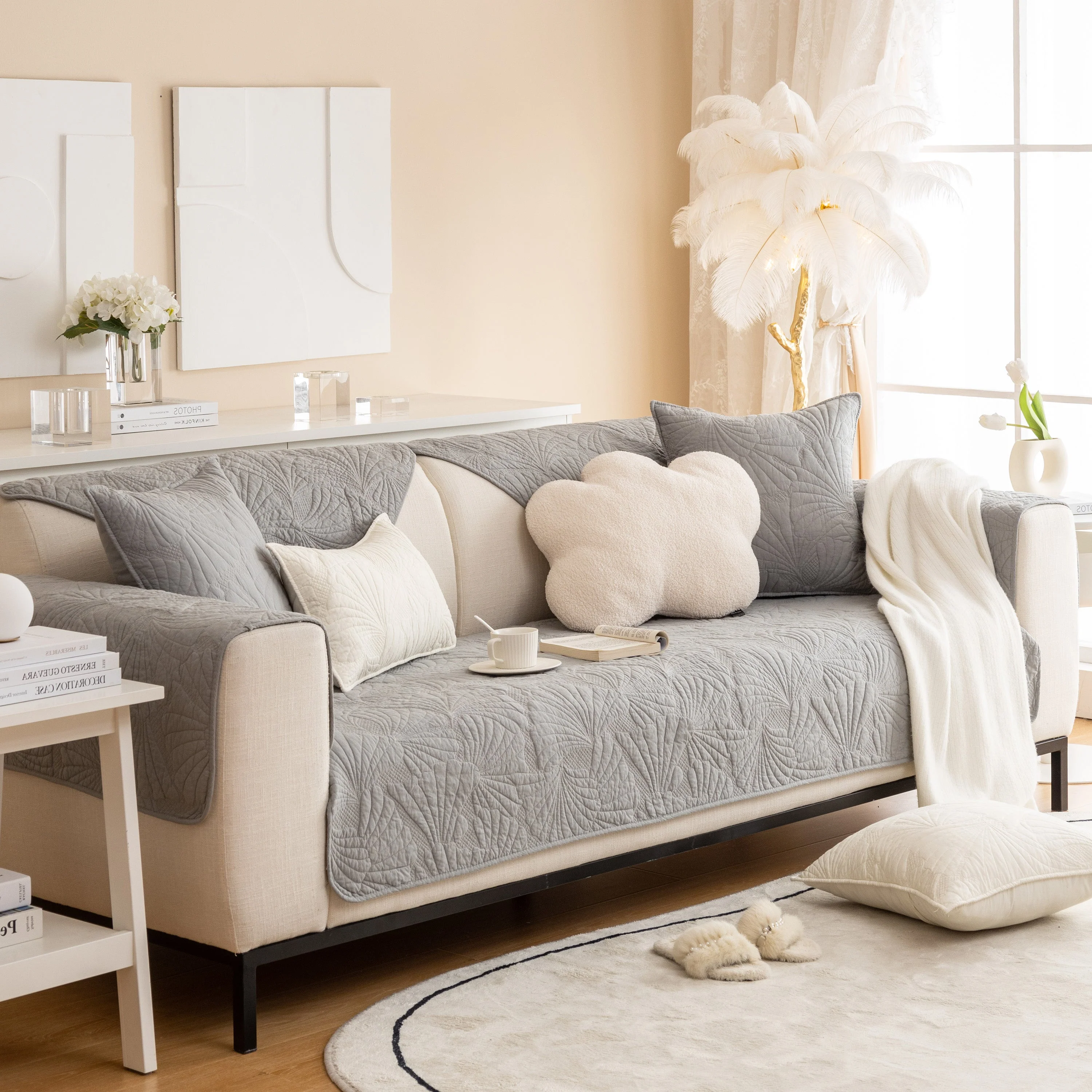 Embossed Leaf Cotton Quilted Sofa Cover Non-Slip Couch Protector with Thick Padding - Image 37