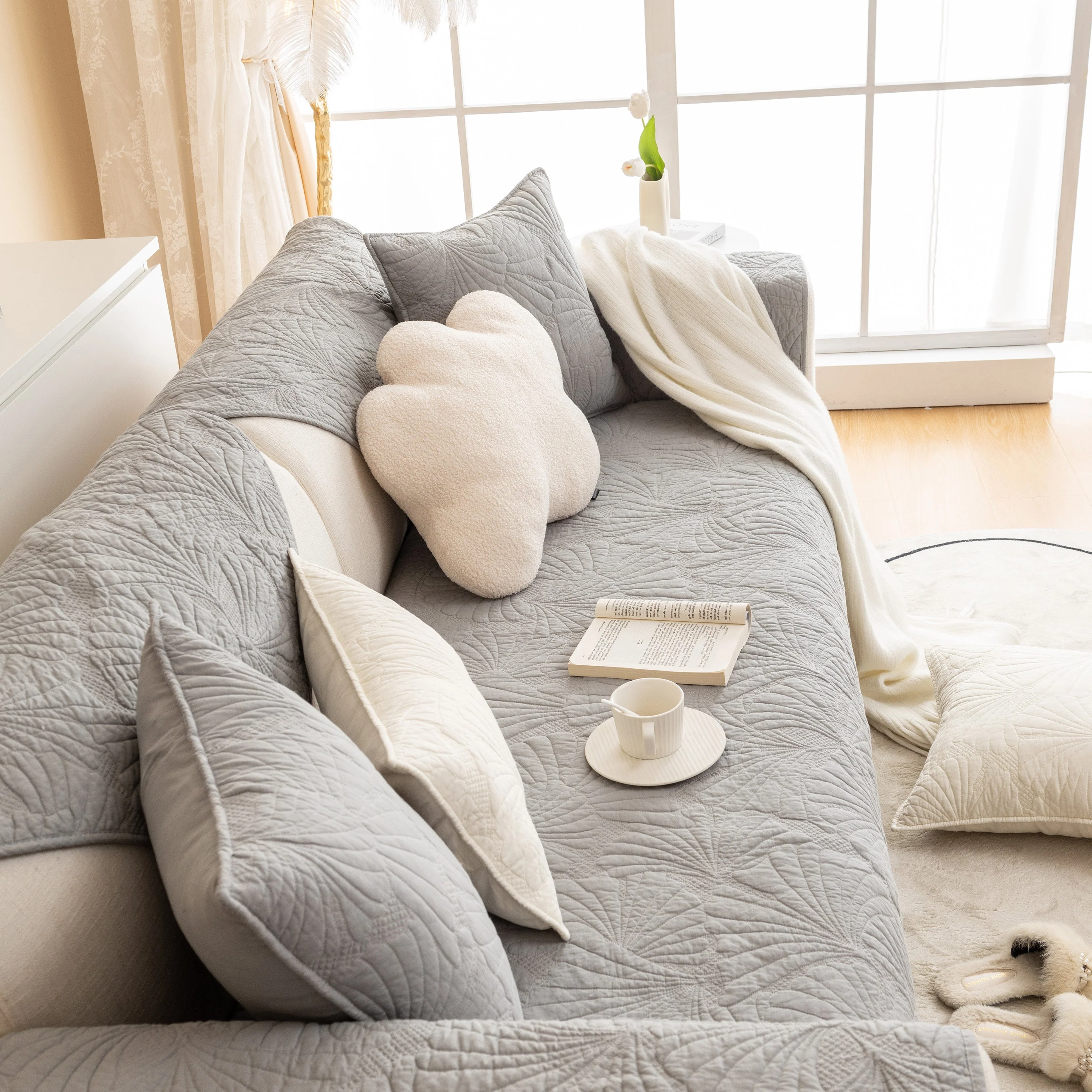 Embossed Leaf Cotton Quilted Sofa Cover Non-Slip Couch Protector with Thick Padding - Image 38