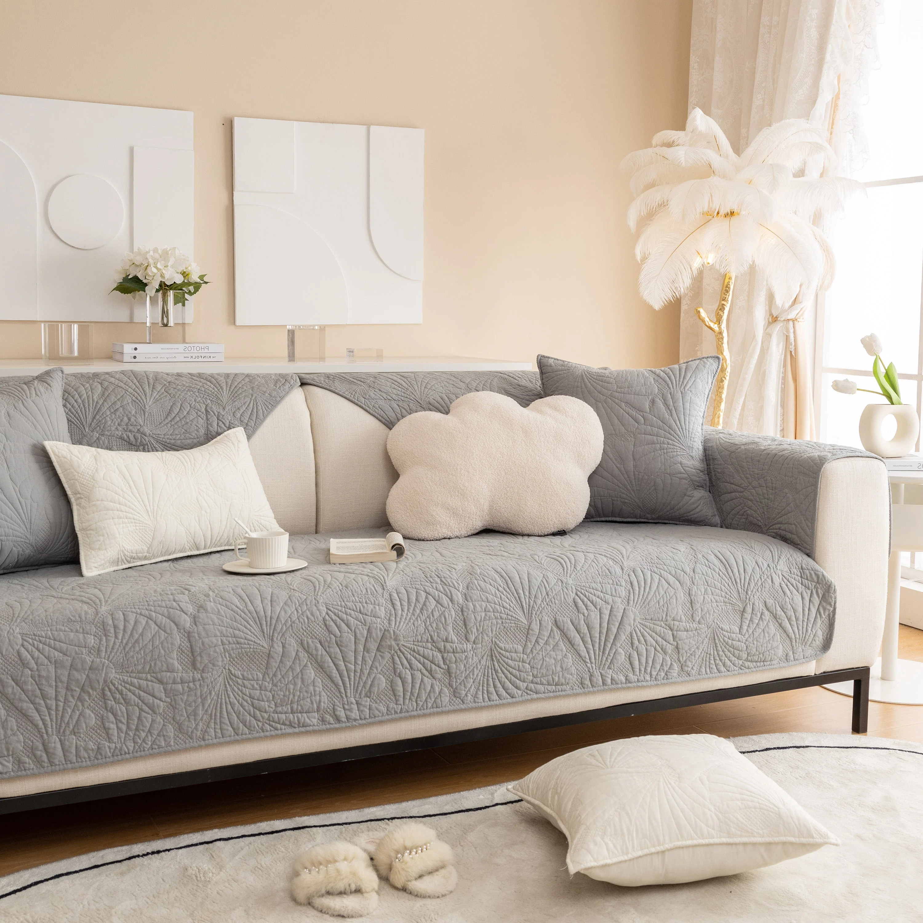 Embossed Leaf Cotton Quilted Sofa Cover Non-Slip Couch Protector with Thick Padding - Image 39
