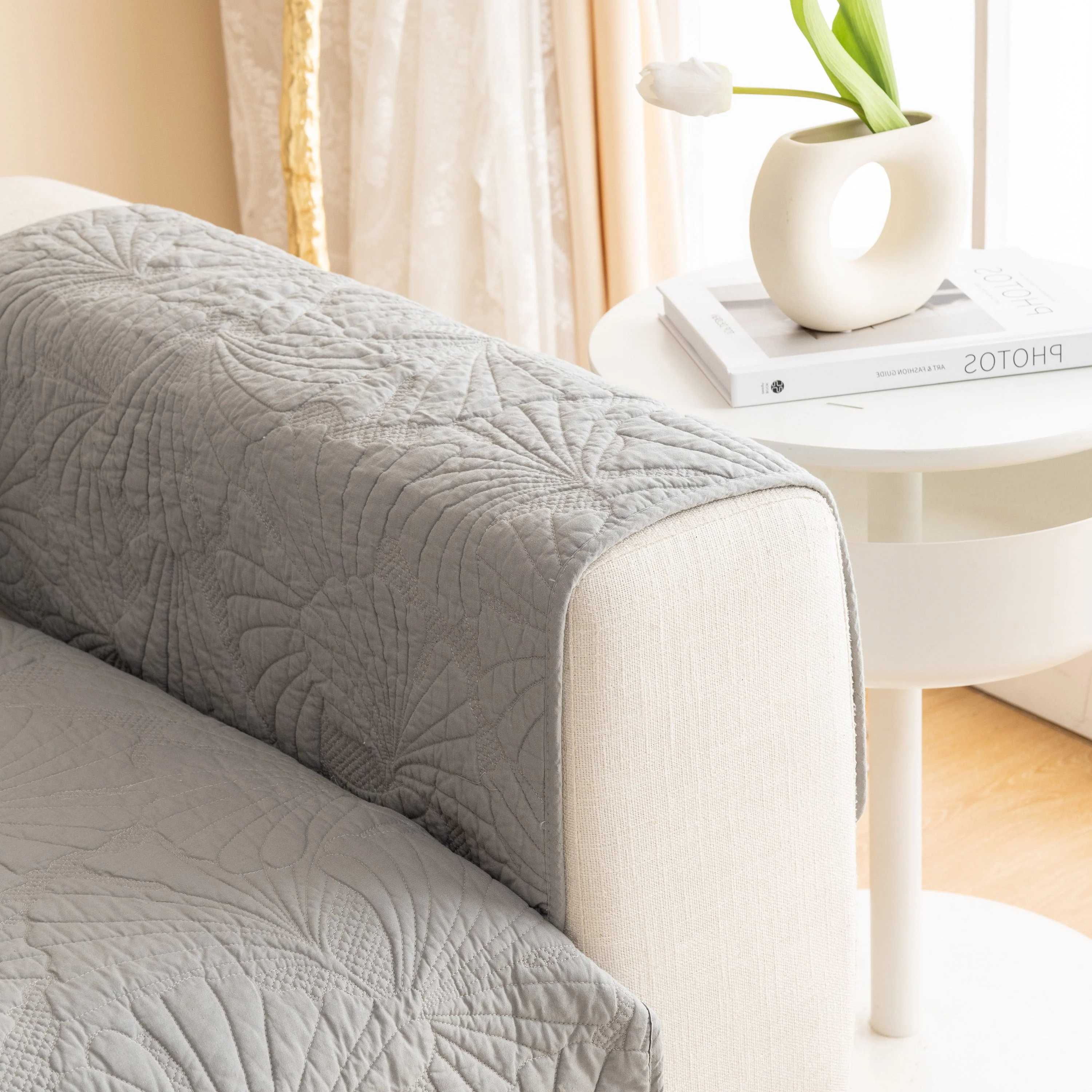 Embossed Leaf Cotton Quilted Sofa Cover Non-Slip Couch Protector with Thick Padding - Image 41