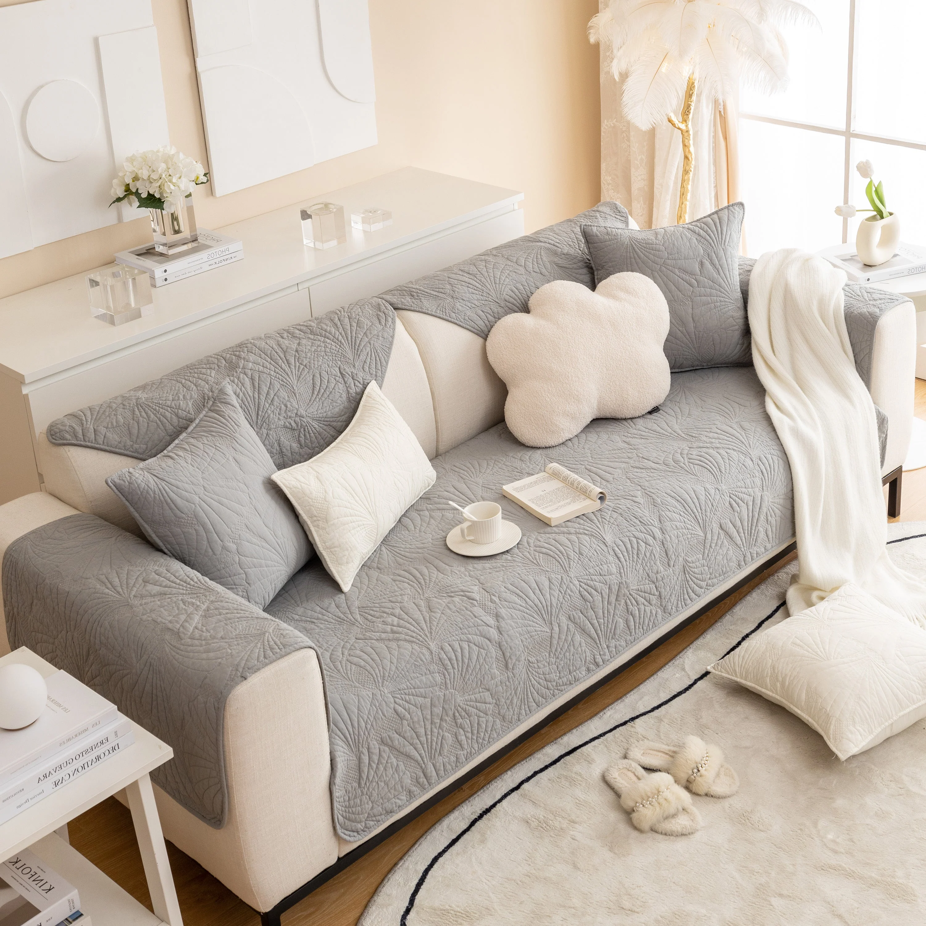 Embossed Leaf Cotton Quilted Sofa Cover Non-Slip Couch Protector with Thick Padding - Image 43