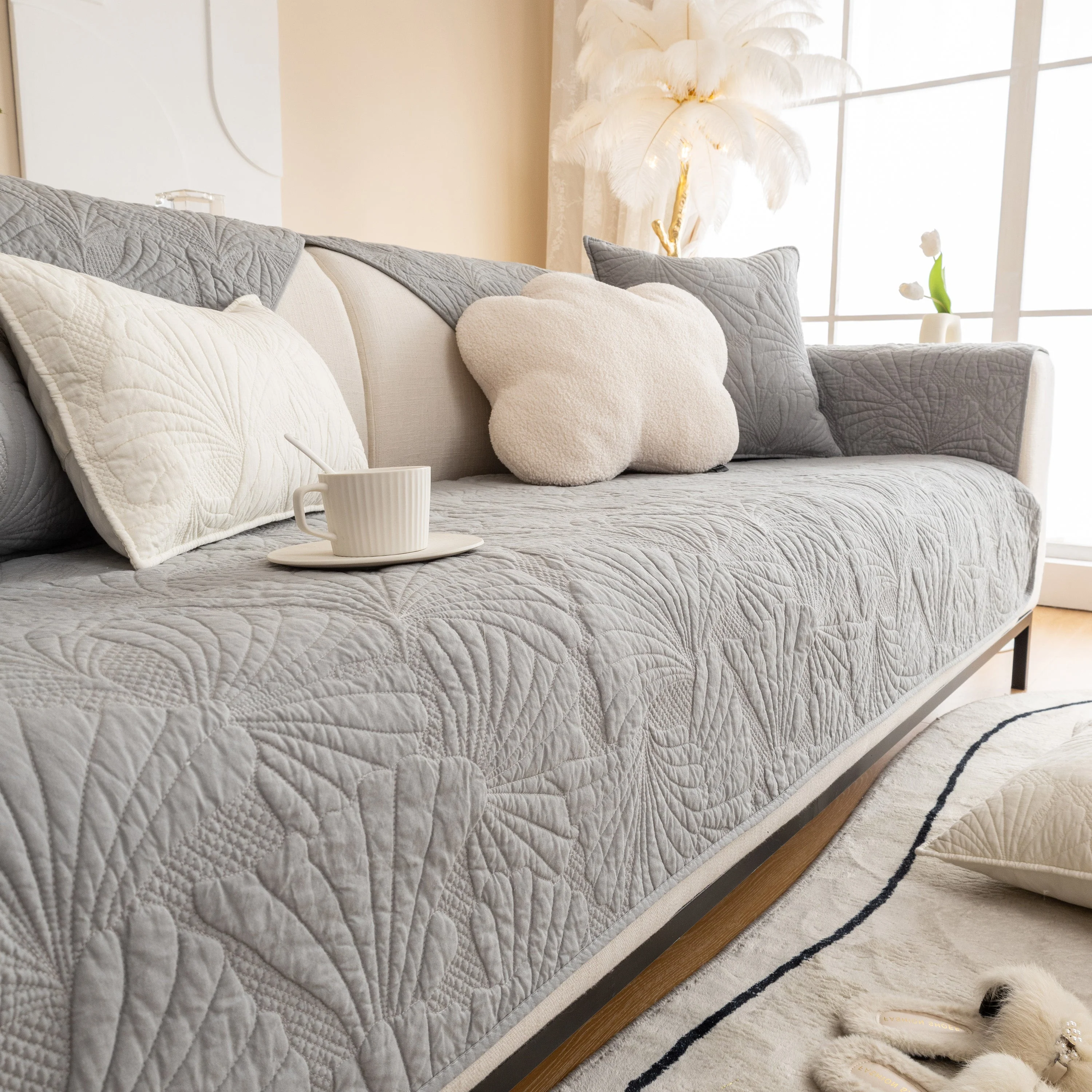 Embossed Leaf Cotton Quilted Sofa Cover Non-Slip Couch Protector with Thick Padding - Image 44
