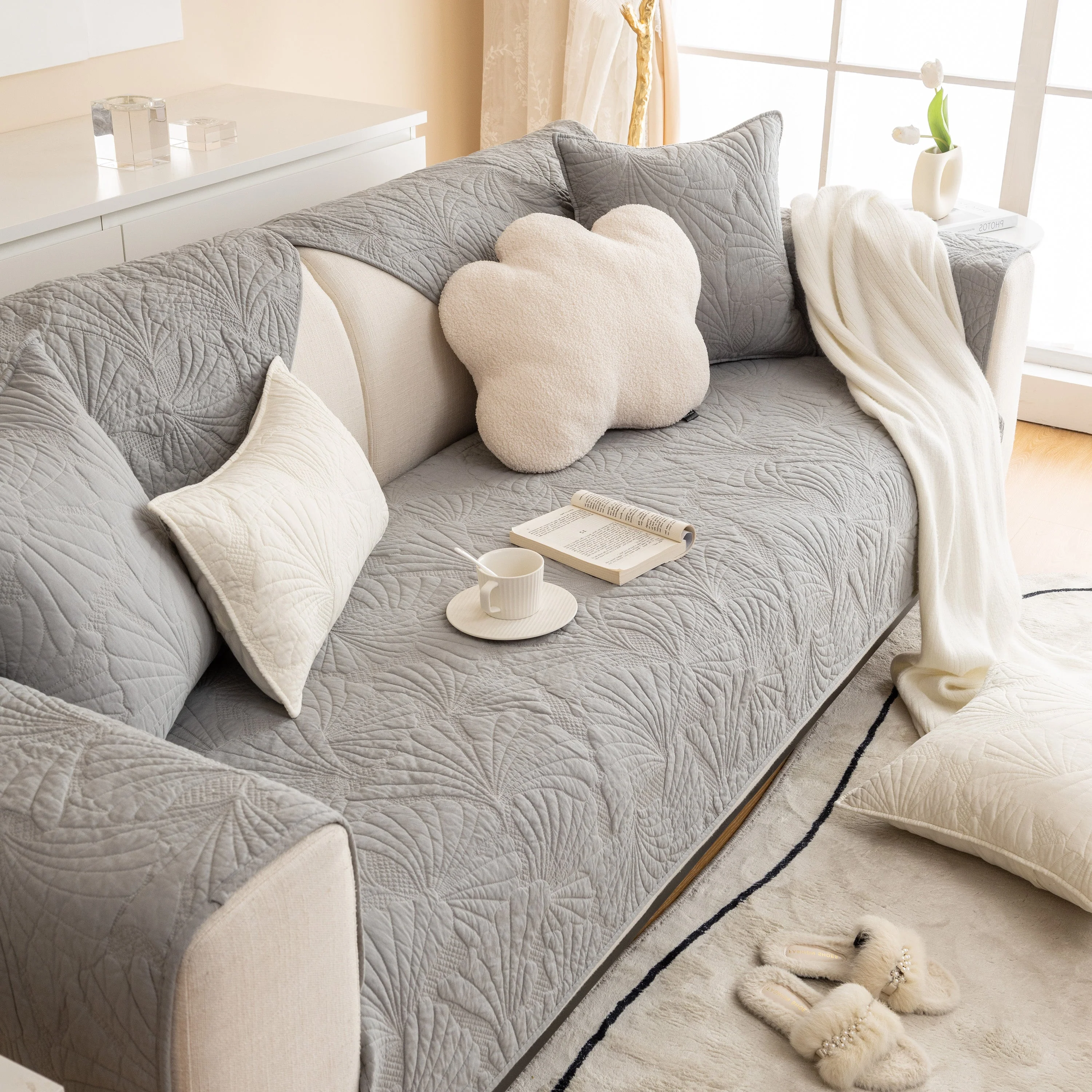 Embossed Leaf Cotton Quilted Sofa Cover Non-Slip Couch Protector with Thick Padding - Image 45