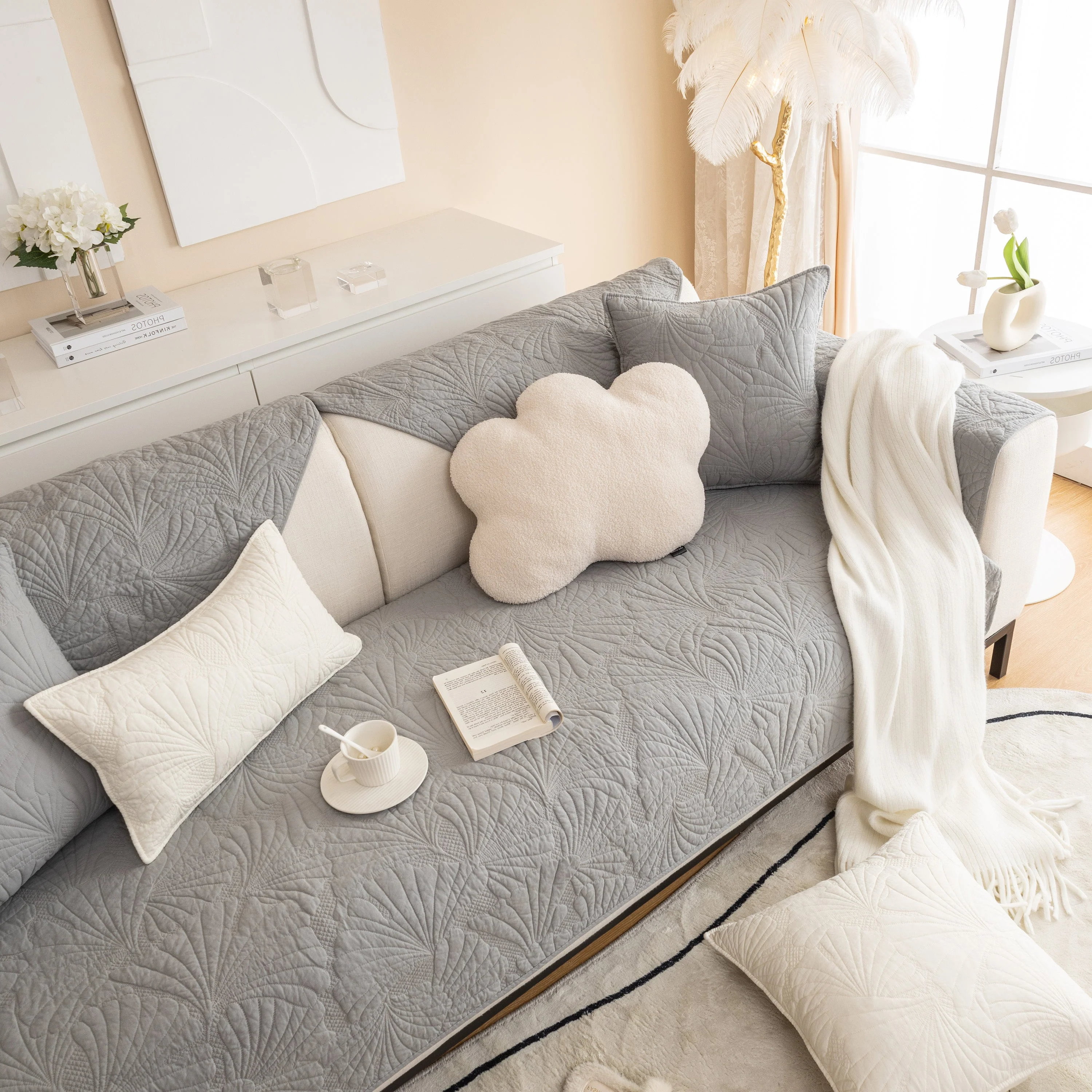 Embossed Leaf Cotton Quilted Sofa Cover Non-Slip Couch Protector with Thick Padding - Image 46