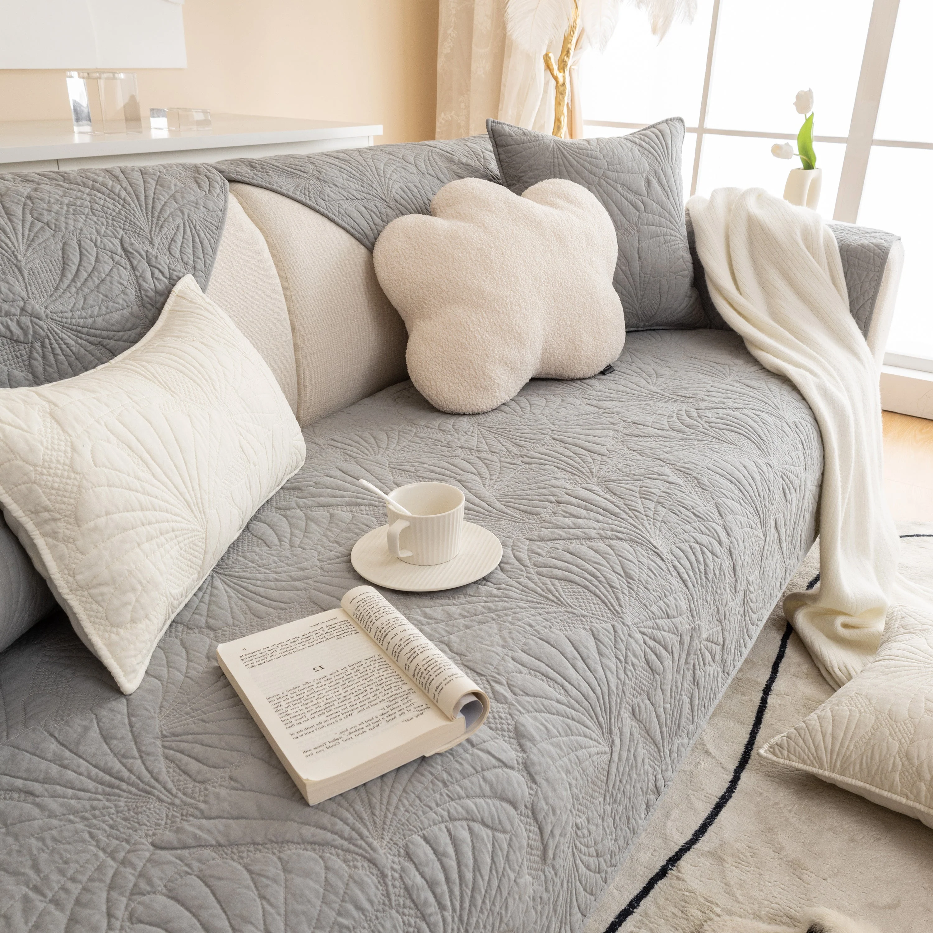 Embossed Leaf Cotton Quilted Sofa Cover Non-Slip Couch Protector with Thick Padding - Image 47