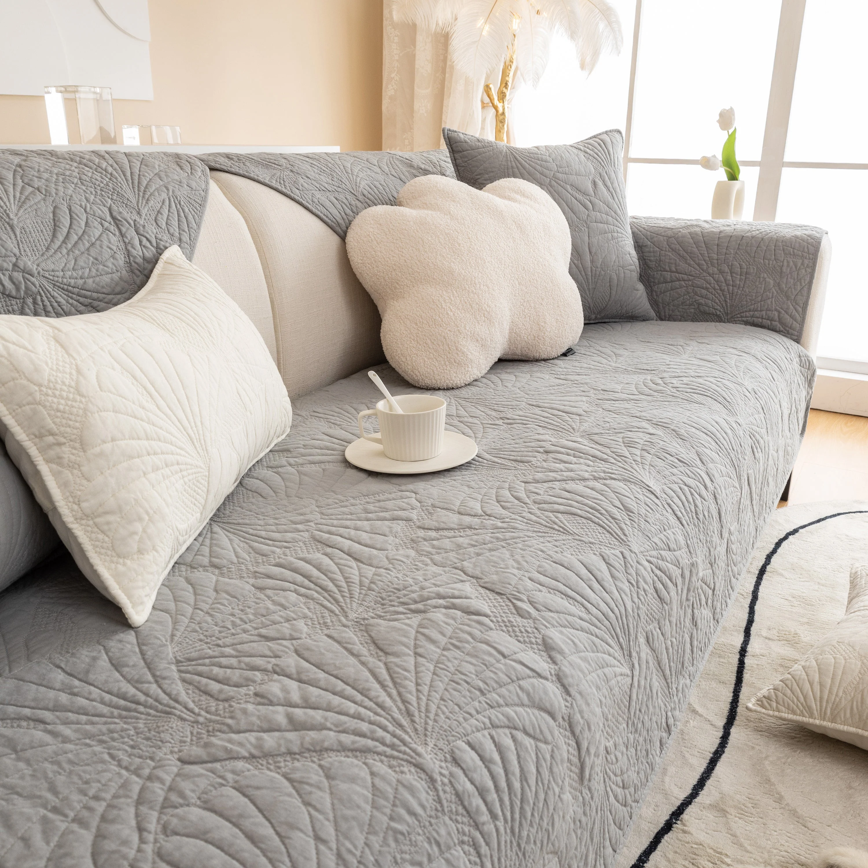 Embossed Leaf Cotton Quilted Sofa Cover Non-Slip Couch Protector with Thick Padding - Image 48