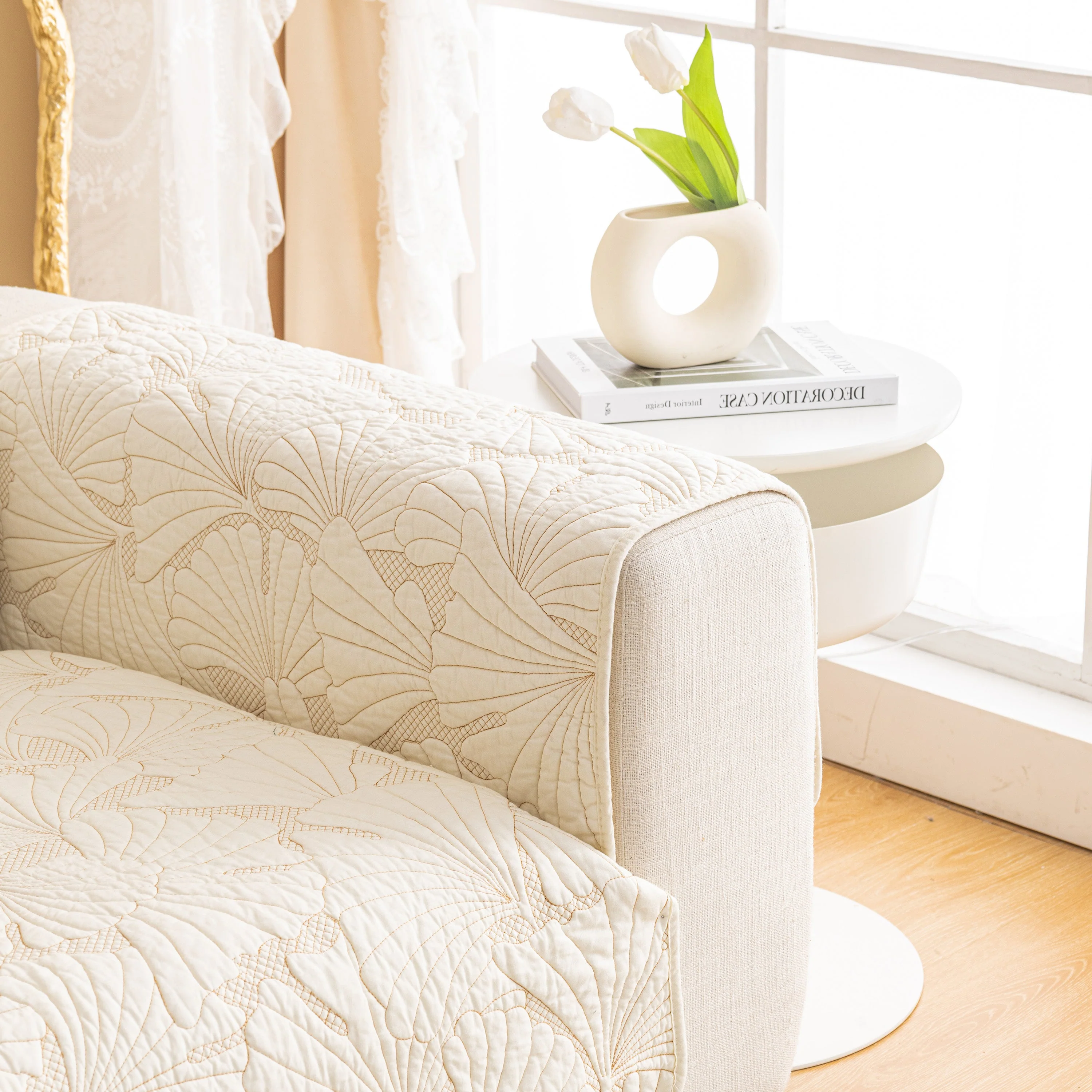 Embossed Leaf Cotton Quilted Sofa Cover Non-Slip Couch Protector with Thick Padding - Image 6