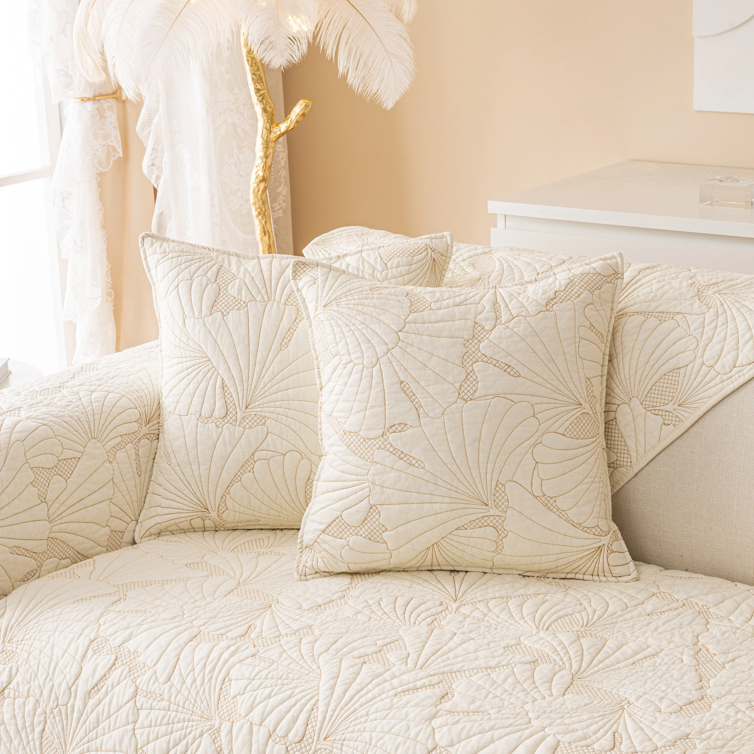 Embossed Leaf Cotton Quilted Sofa Cover Non-Slip Couch Protector with Thick Padding - Image 7