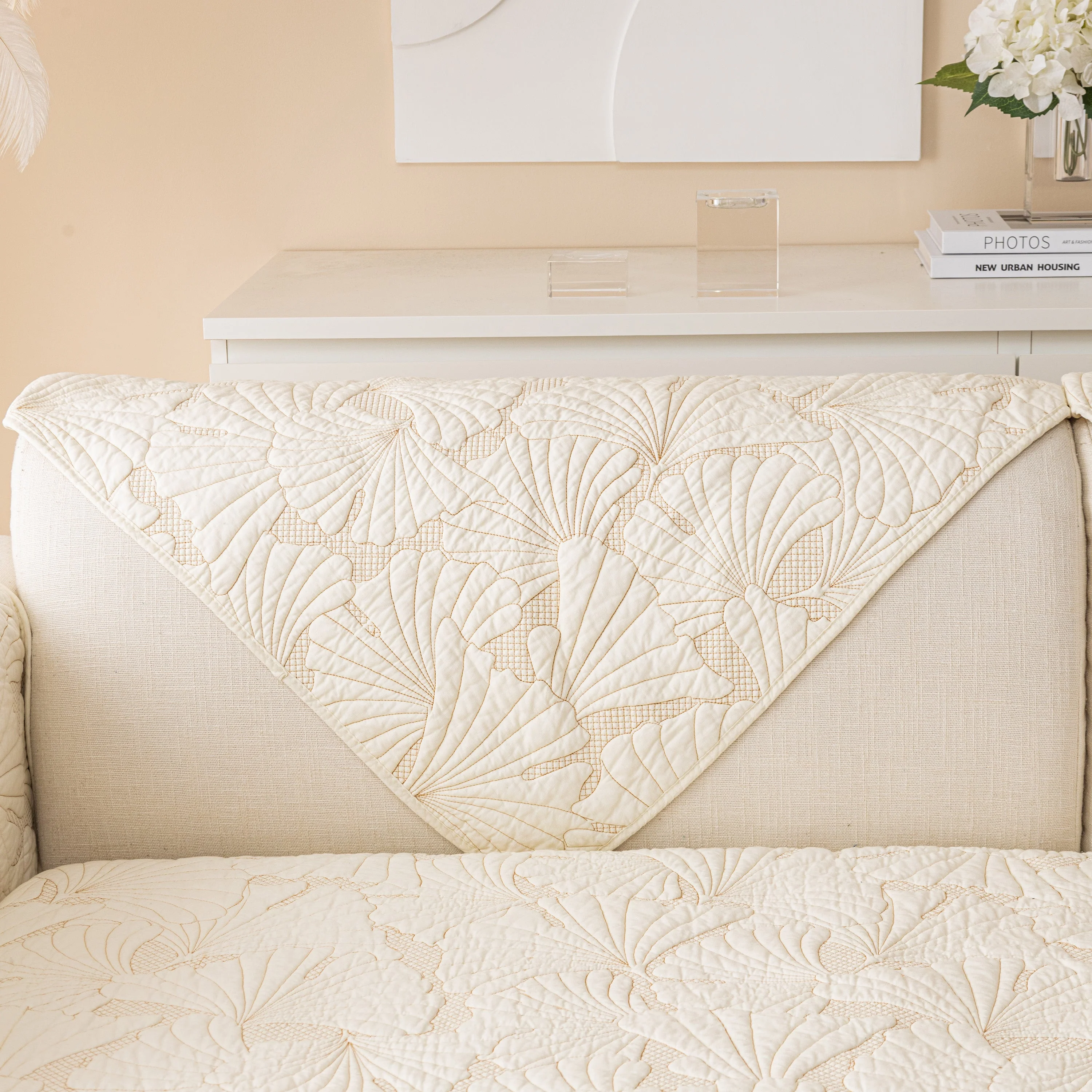 Embossed Leaf Cotton Quilted Sofa Cover Non-Slip Couch Protector with Thick Padding - Image 9