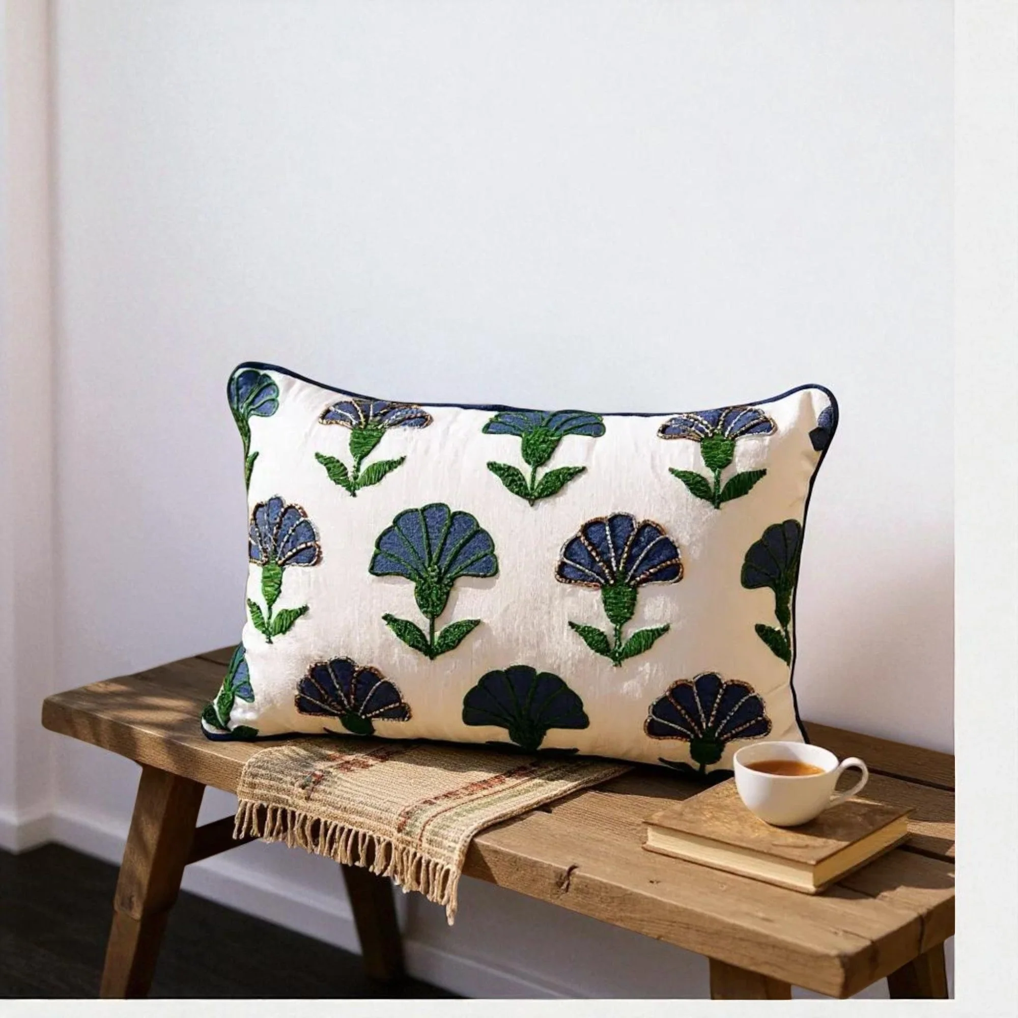 Embroidered Floral Blue Boho Accent Throw Pillow - Image 2