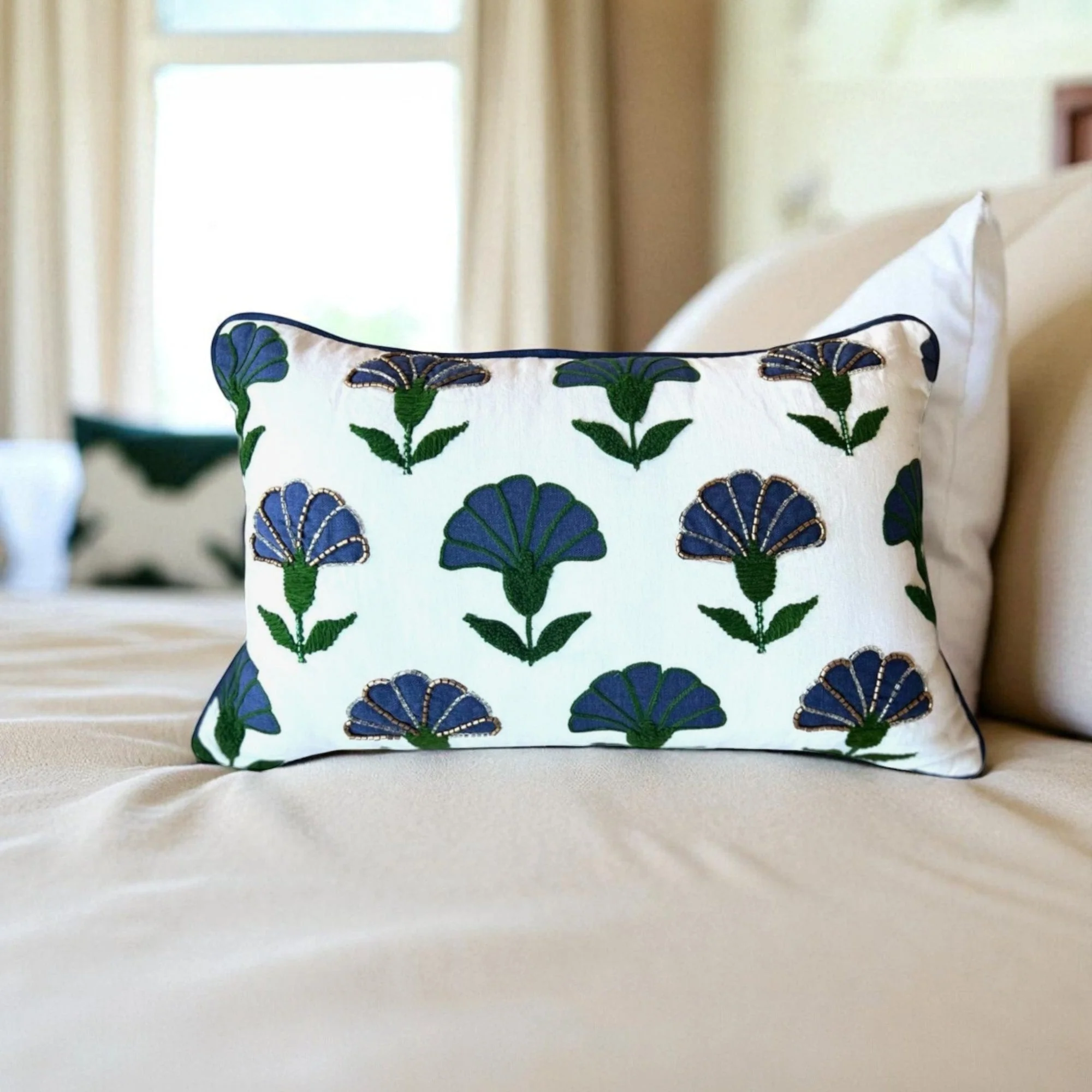 Embroidered Floral Blue Boho Accent Throw Pillow - Image 8