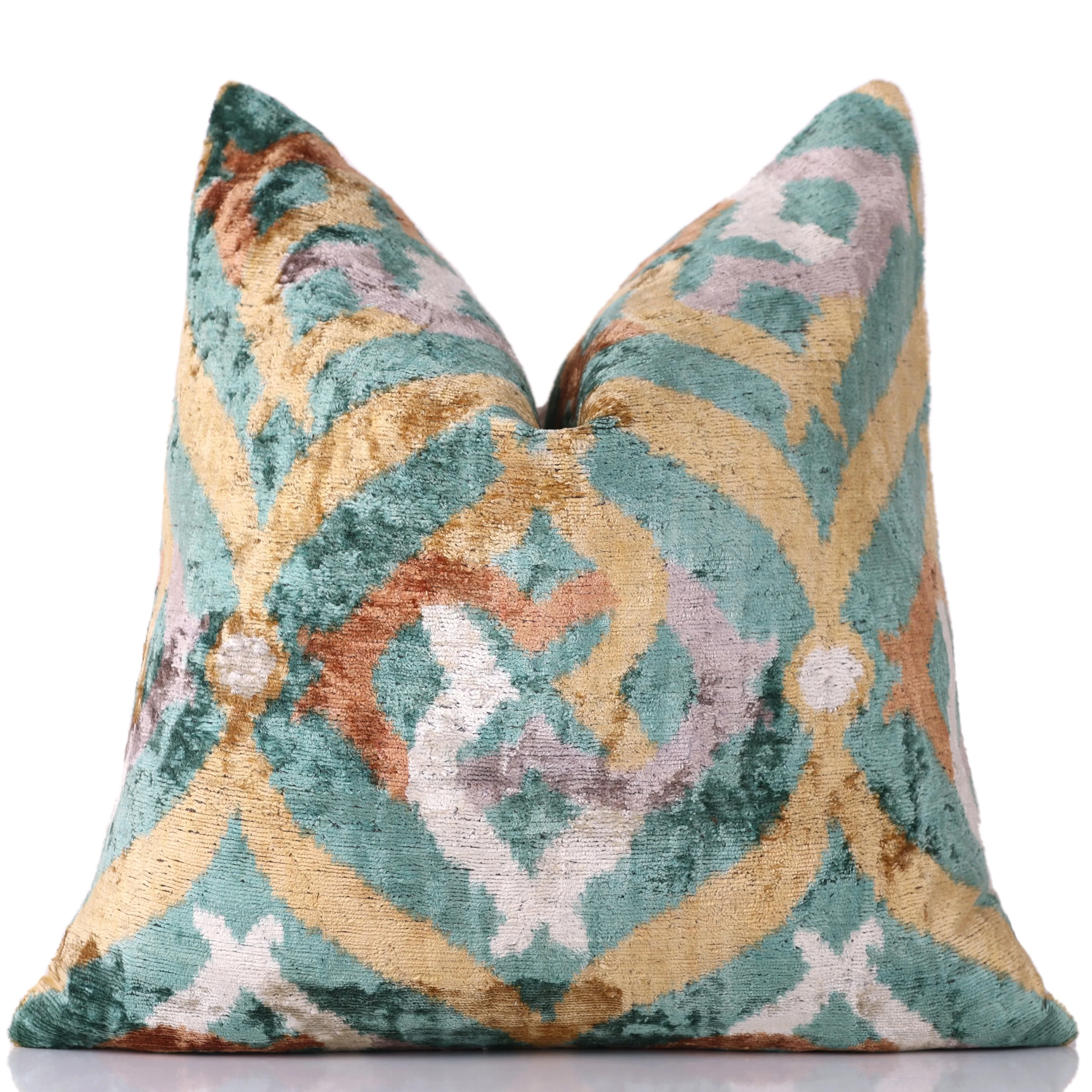 Emerald Gold Ikat Velvet Pillow – 16x16 in - Image 5