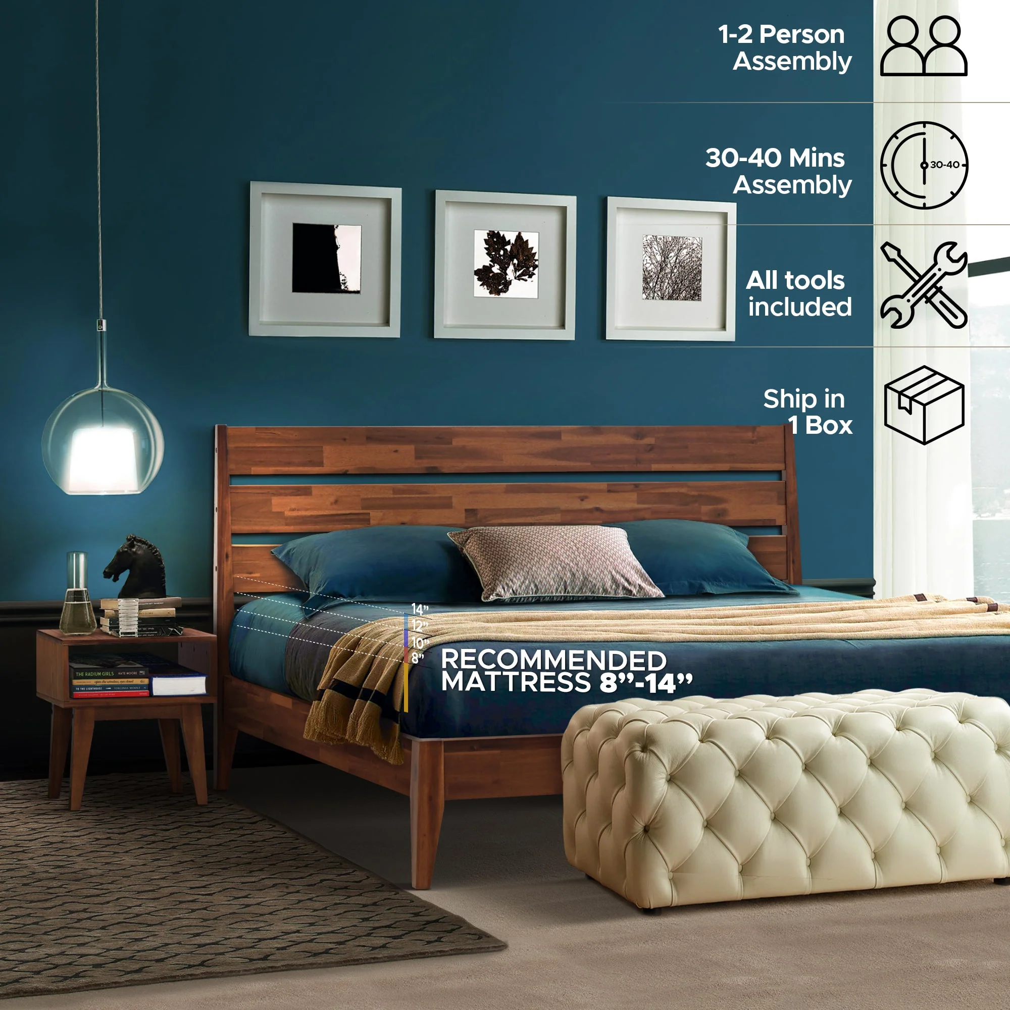 Emery Bed Frame & Nightstand Set - Acacia Solid Wood Bedroom Furniture - Image 14