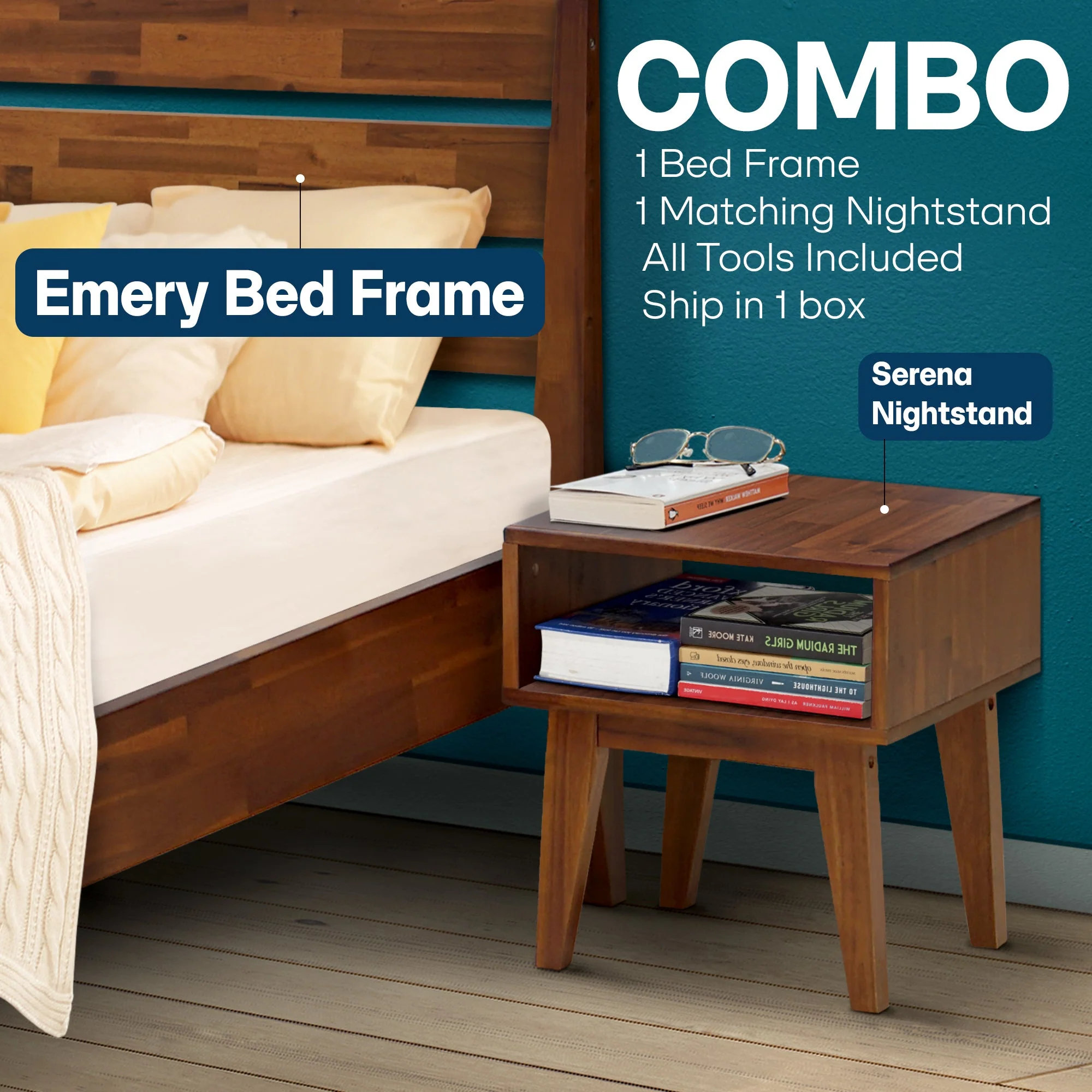 Emery Bed Frame & Nightstand Set - Acacia Solid Wood Bedroom Furniture - Image 16