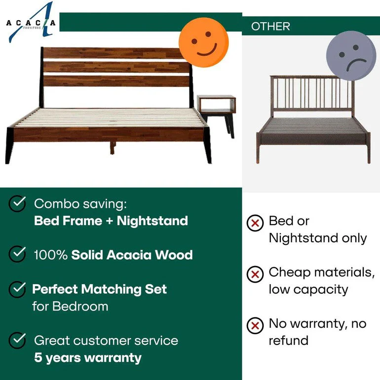 Emery Bed Frame & Nightstand Set - Acacia Solid Wood Bedroom Furniture - Image 4