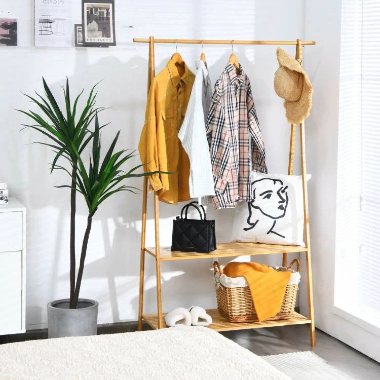 Entryway Bedroom Wood Garment Clothes Hanging Rack with 2 Bottom Storage Shelves - Image 2