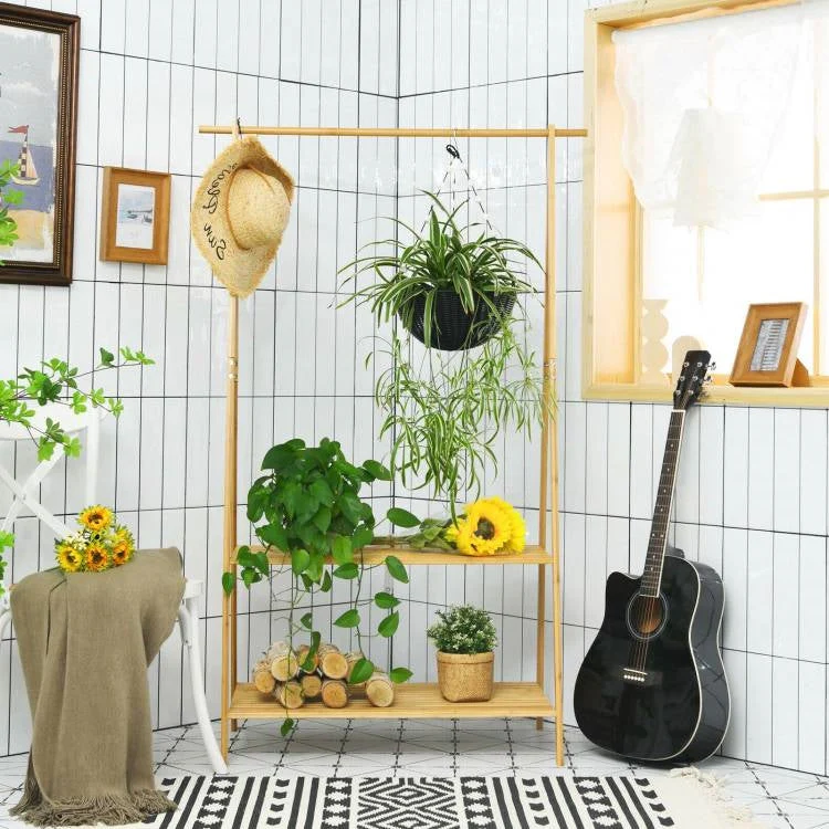 Entryway Bedroom Wood Garment Clothes Hanging Rack with 2 Bottom Storage Shelves - Image 3