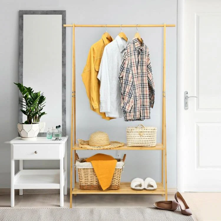 Entryway Bedroom Wood Garment Clothes Hanging Rack with 2 Bottom Storage Shelves - Image 4
