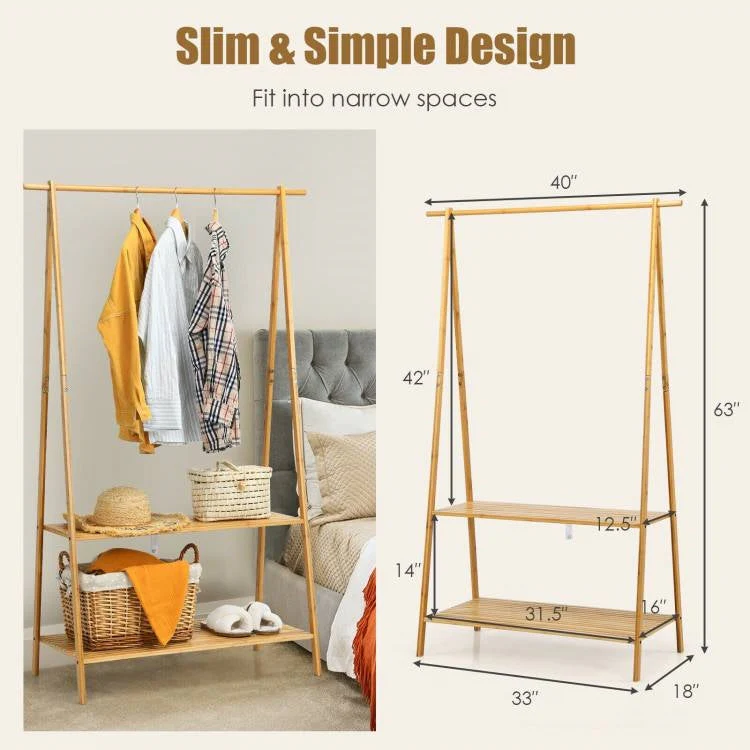 Entryway Bedroom Wood Garment Clothes Hanging Rack with 2 Bottom Storage Shelves - Image 5