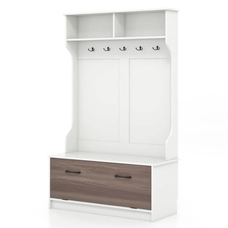 Entryway Bench Coat Rack Shoe Storage Cabinet in White Oak Wood Finish - Image 2